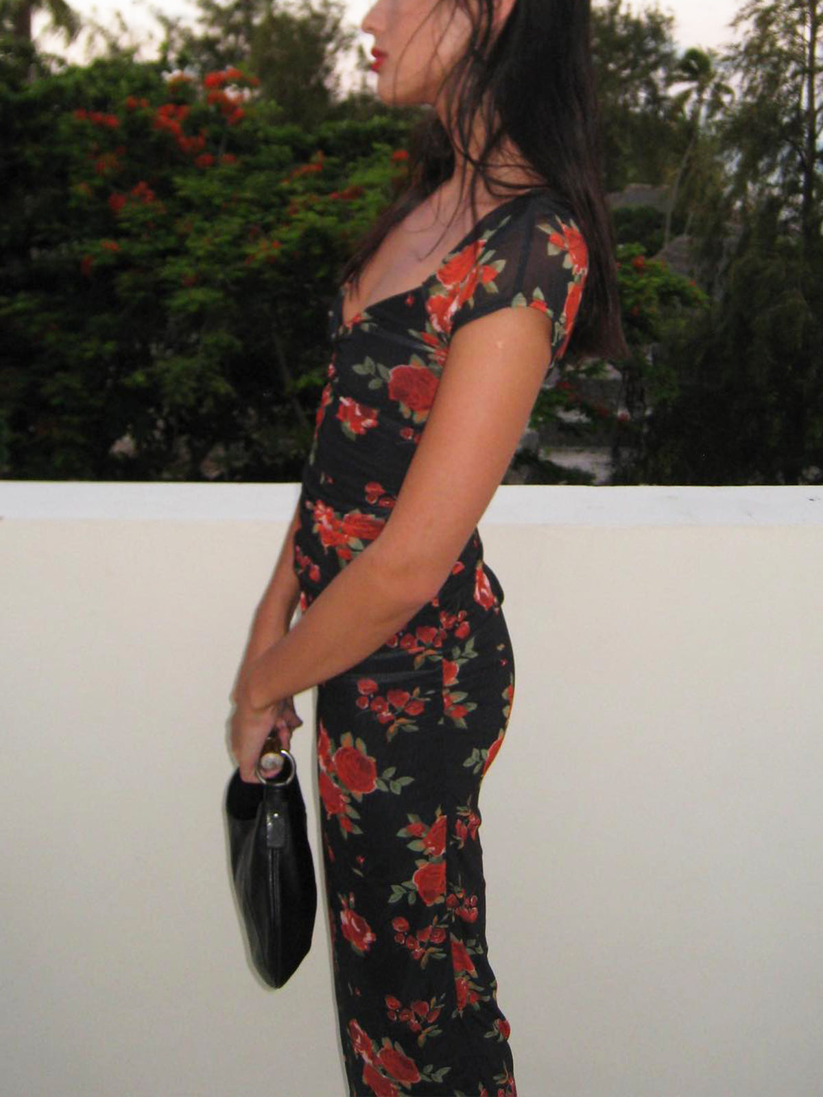 Semi-Sheer Floral Print Ruched Side Midi Dress