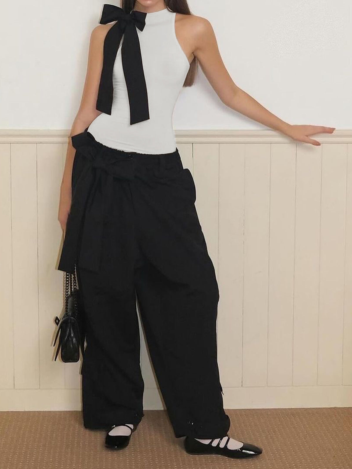 Semi-Sheer Bow Decorated Sleeveless Bodysuit