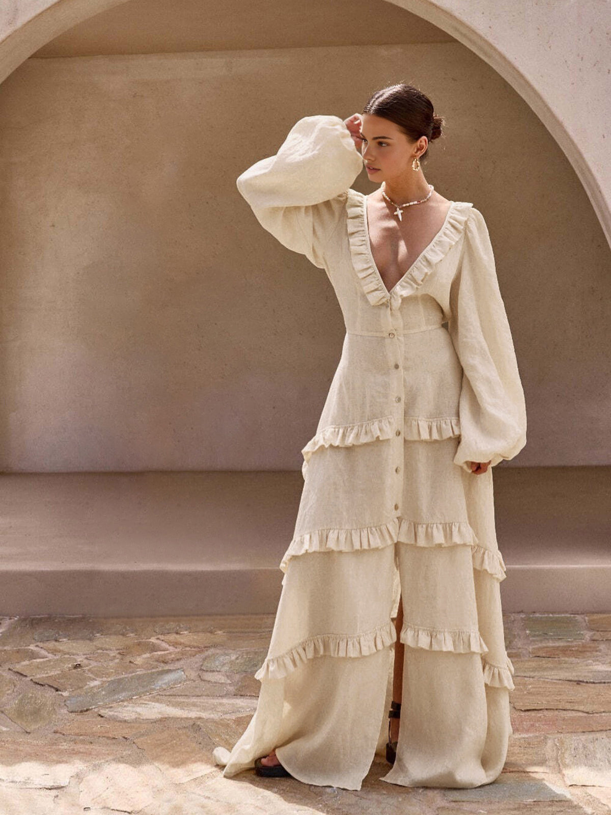 Cotton & Linen Semi-Sheer Ruffle Trim Long Dress