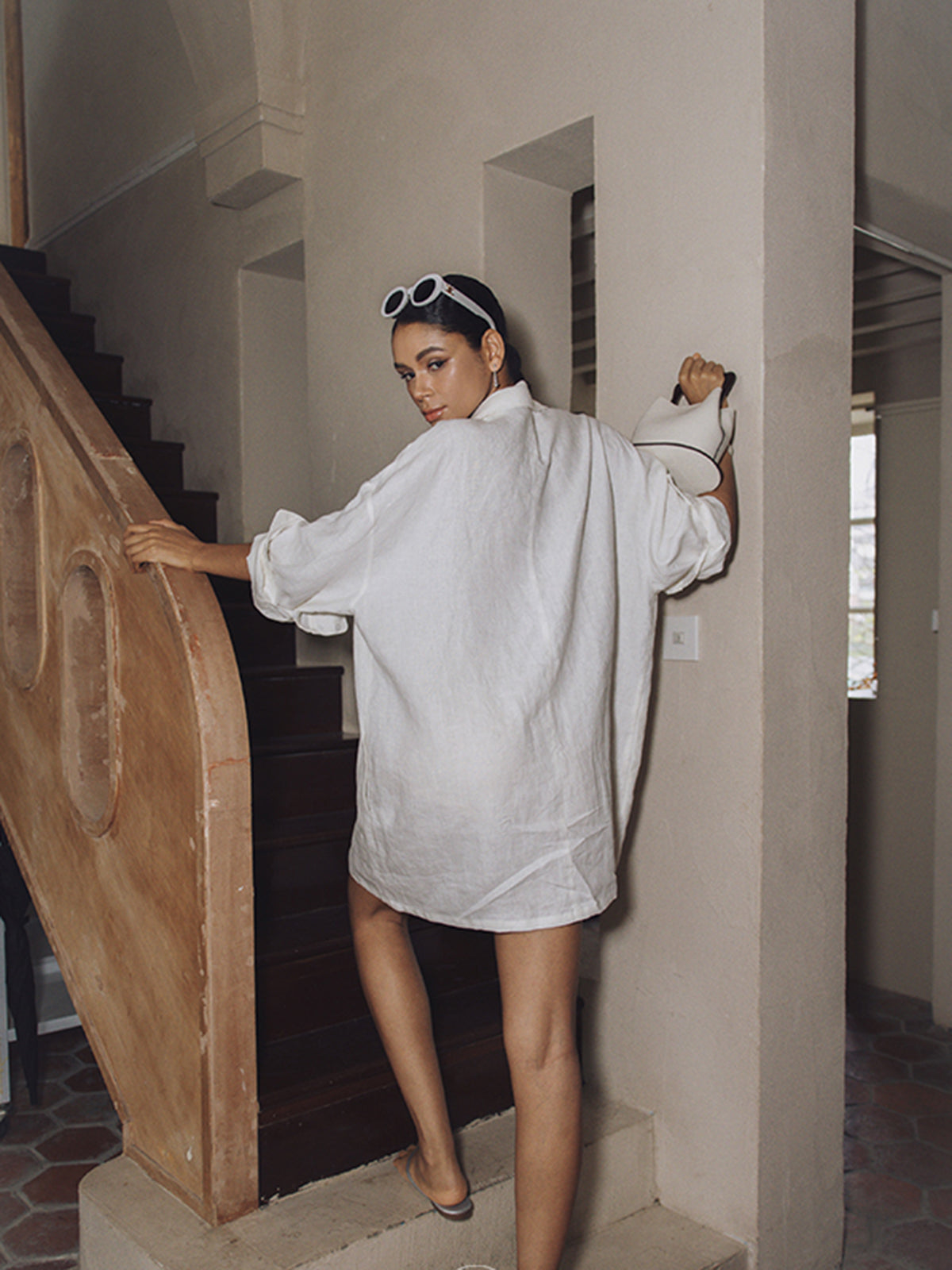 Linen Pockets Semi-Sheer Long Sleeve Dress