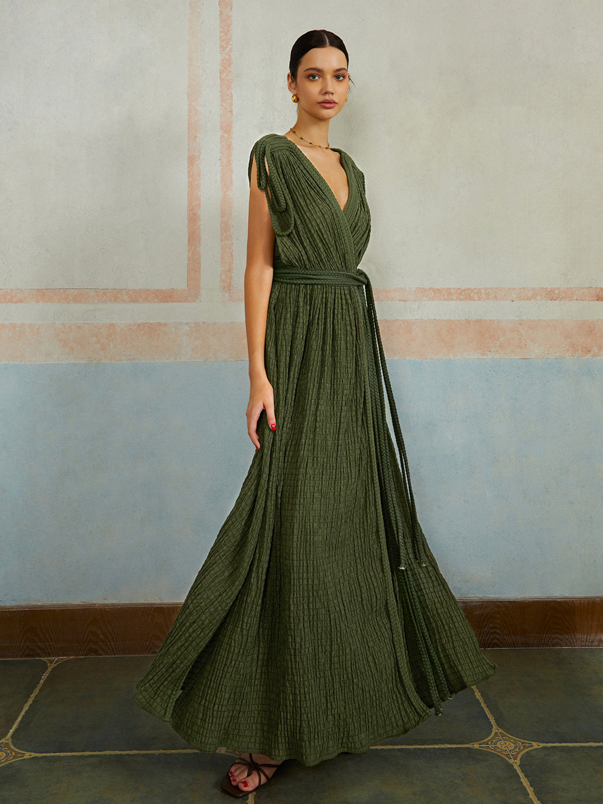 Casual Pleated Belted Long Dress