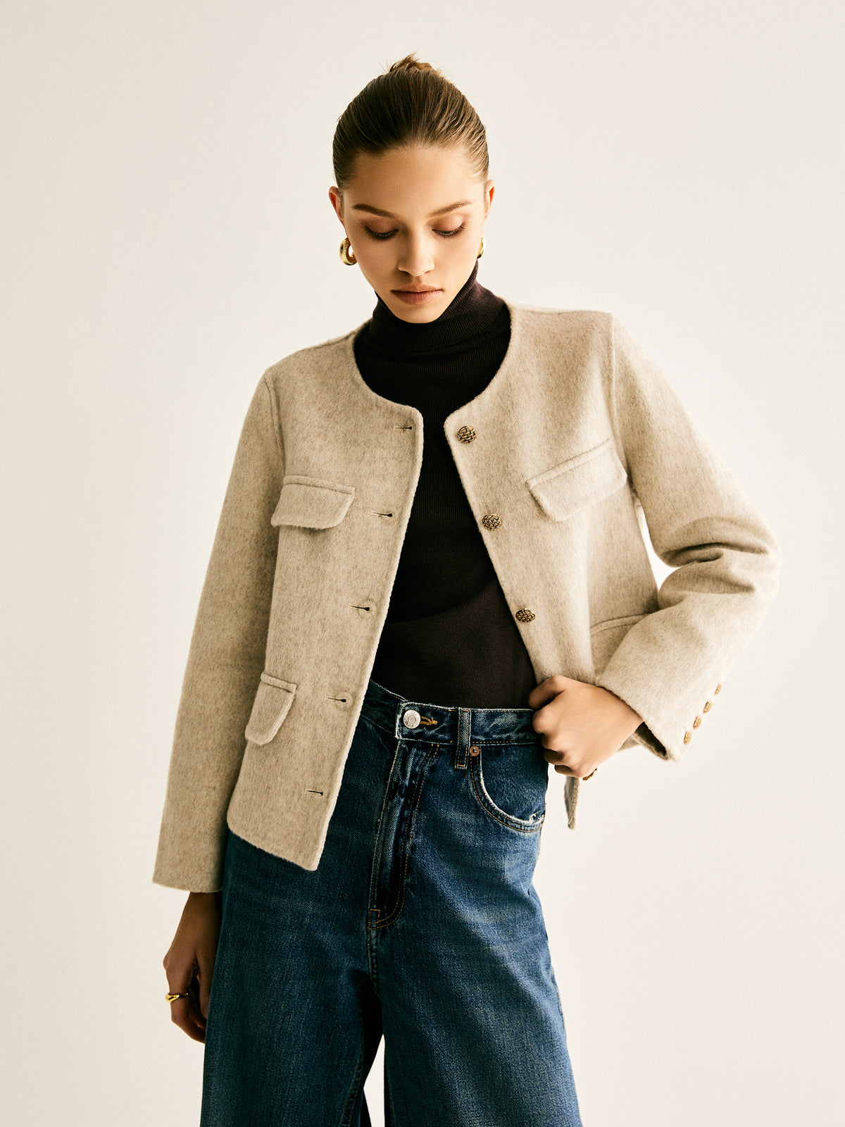 Wool-Blend Crew Neck Jacket