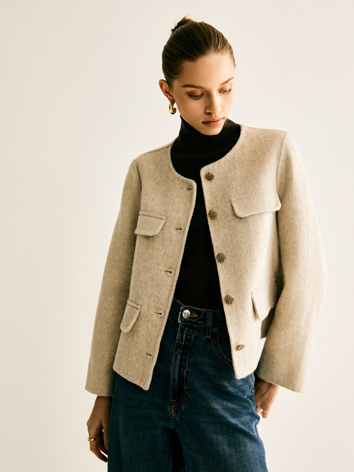 Wool-Blend Crew Neck Jacket