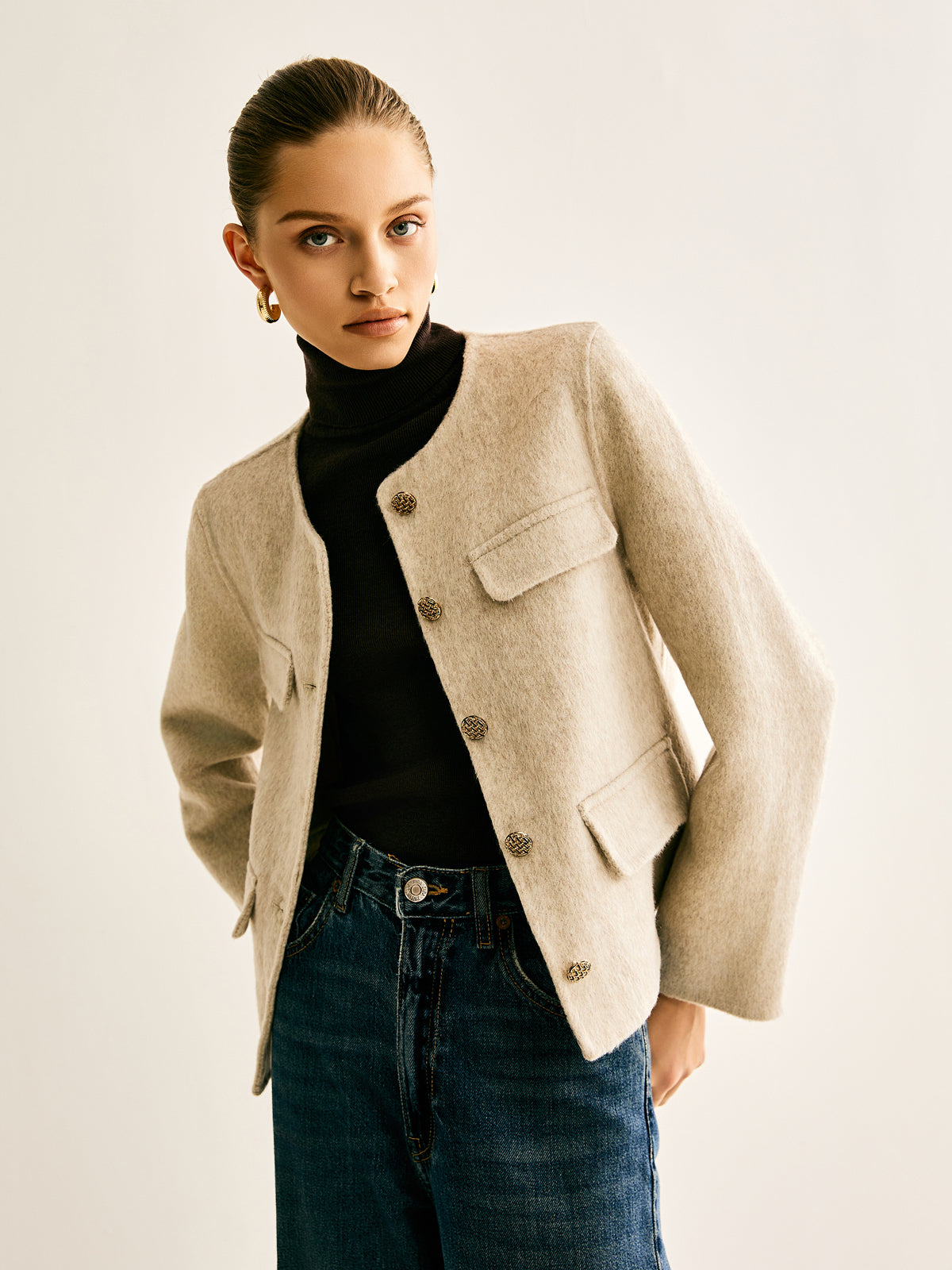 Wool-Blend Crew Neck Jacket
