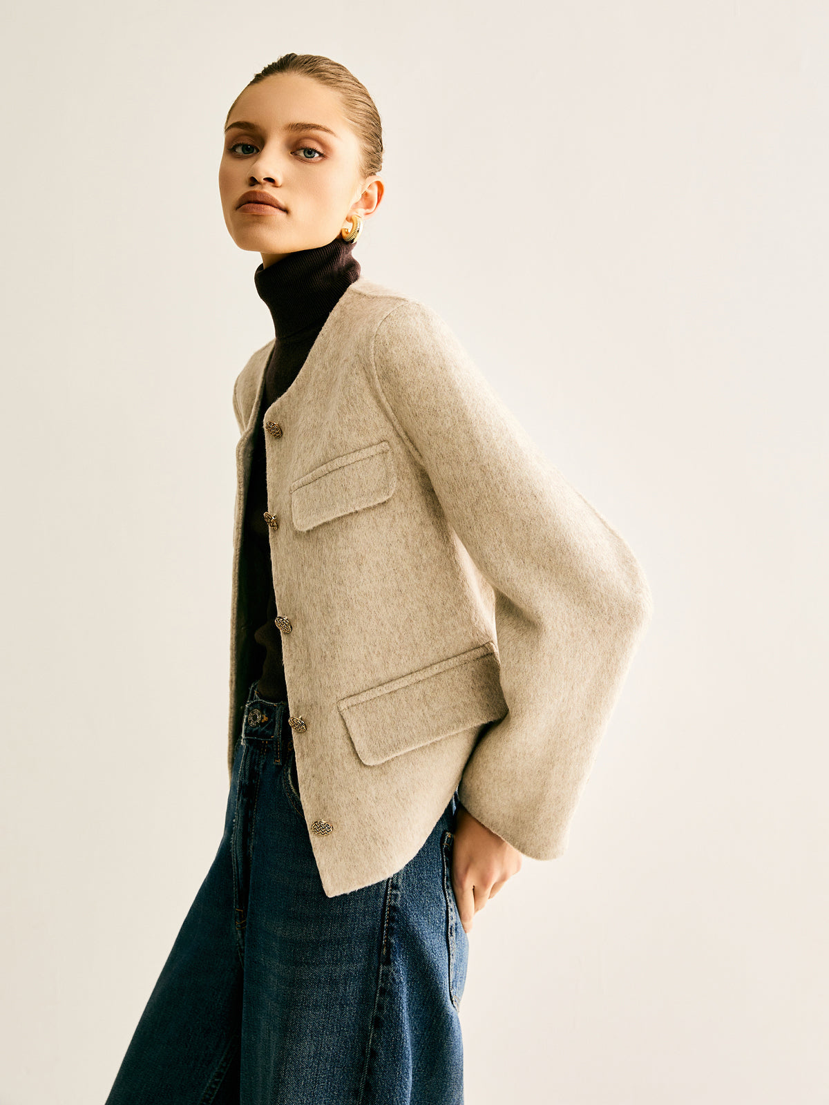 Wool-Blend Crew Neck Jacket