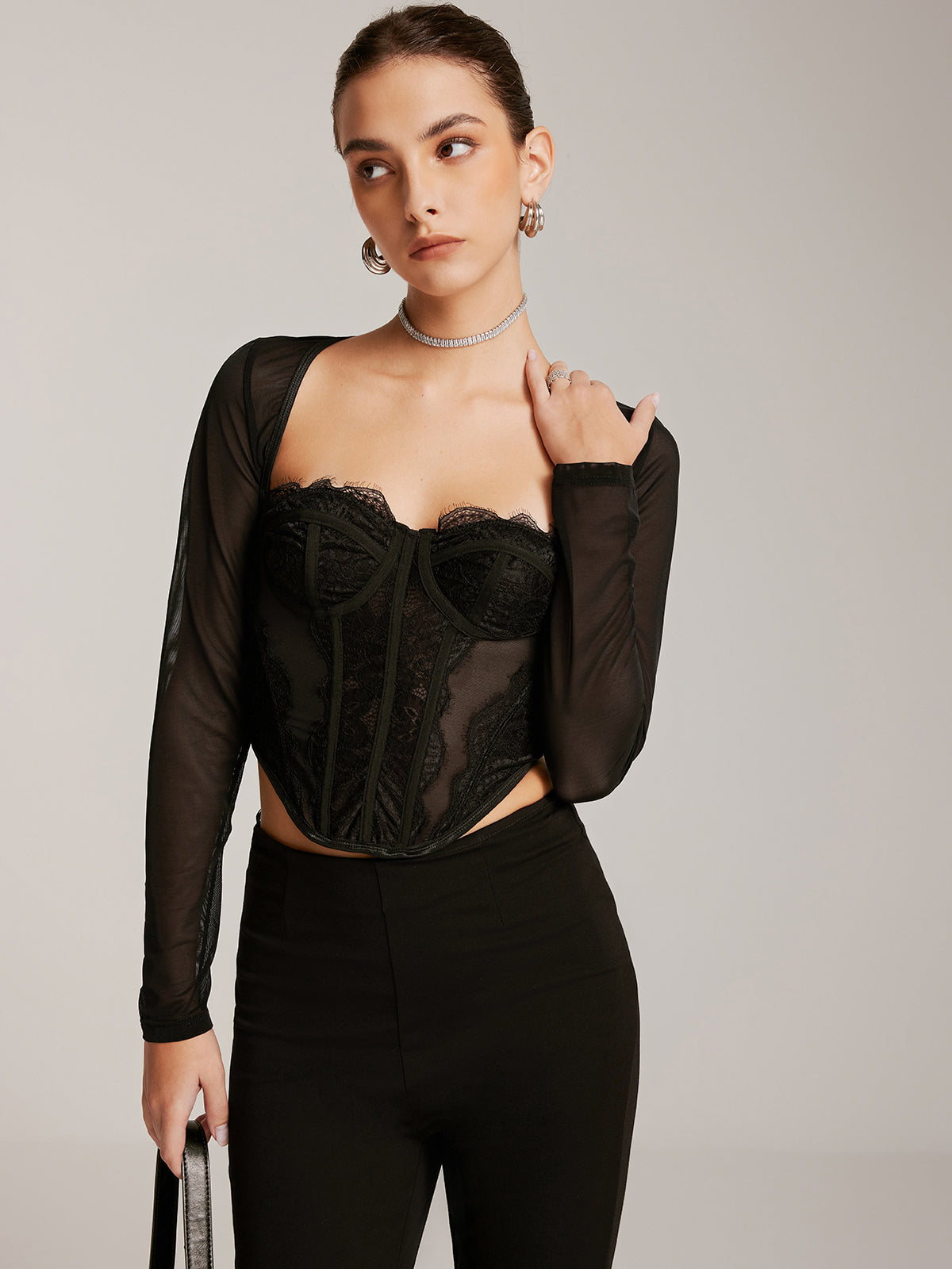 Sheer Long Sleeve Sweetheart Lace Skinny T-Shirt