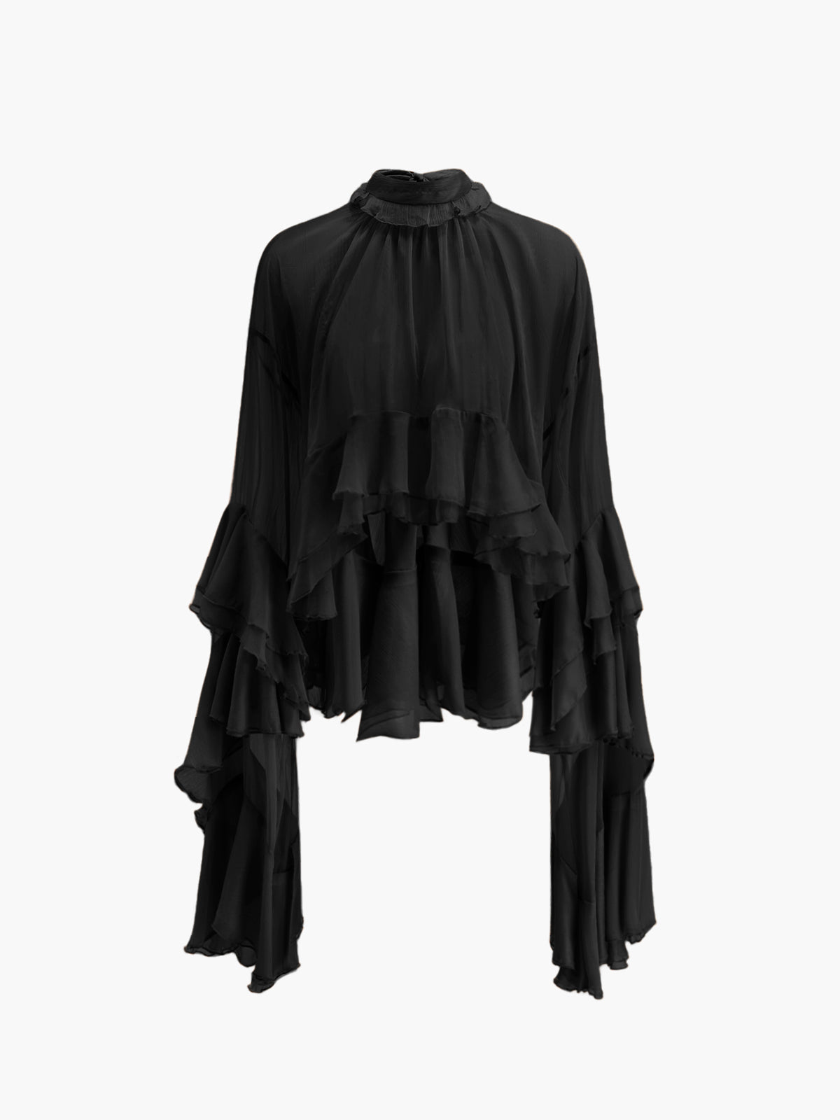 Sheer Turtleneck Ruffle Chiffon Blouse