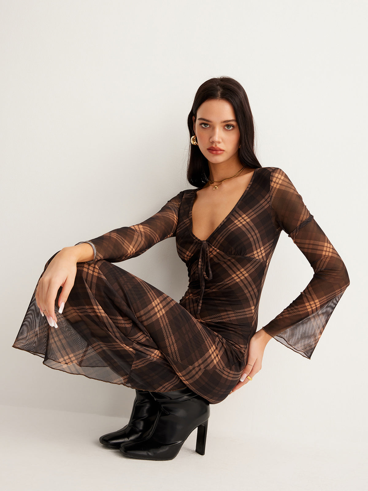 Semi-Sheer Checked Bell-Sleeve Mesh Dress