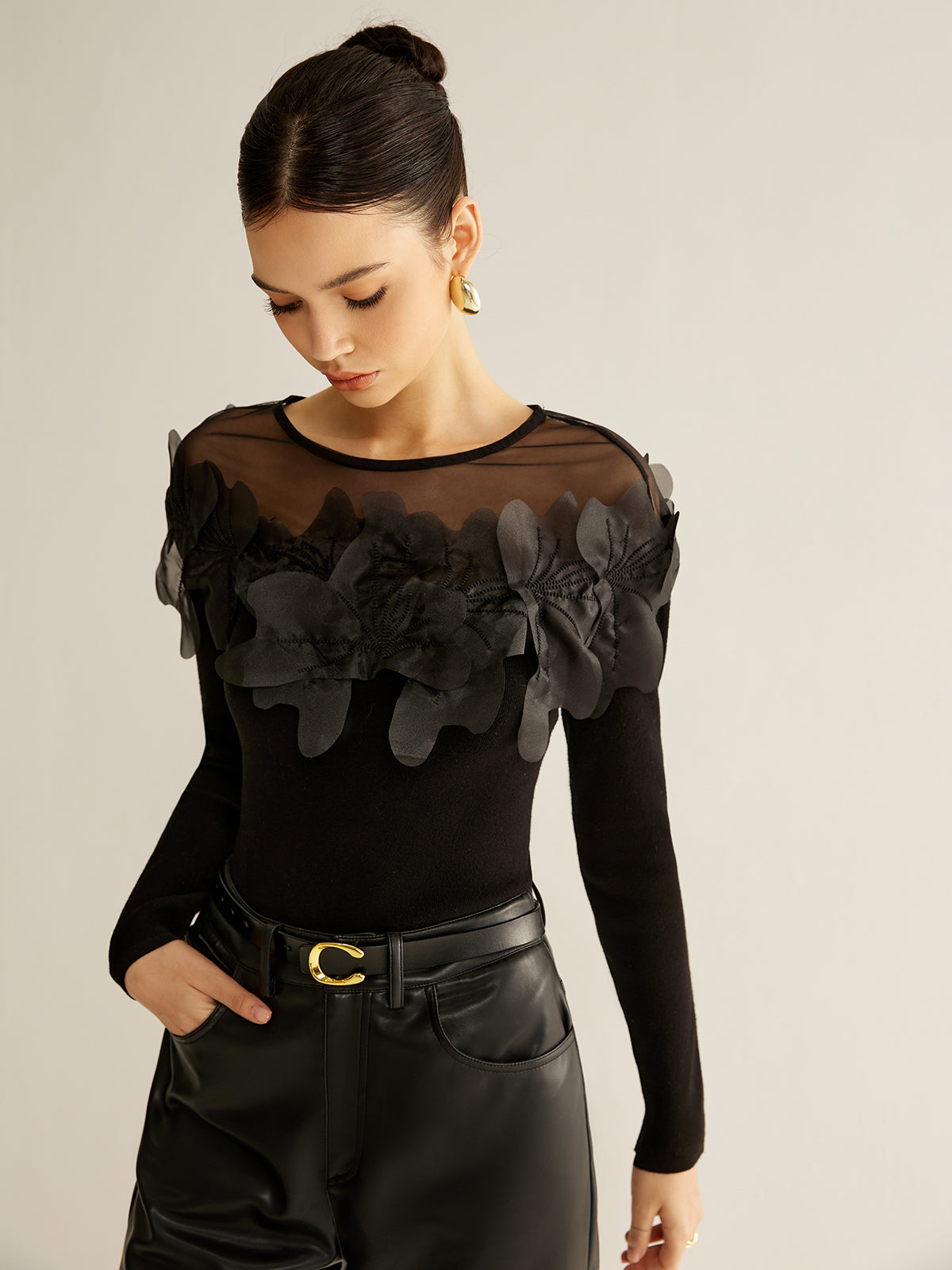 Semi-Sheer Floral Decor Slim Blouse