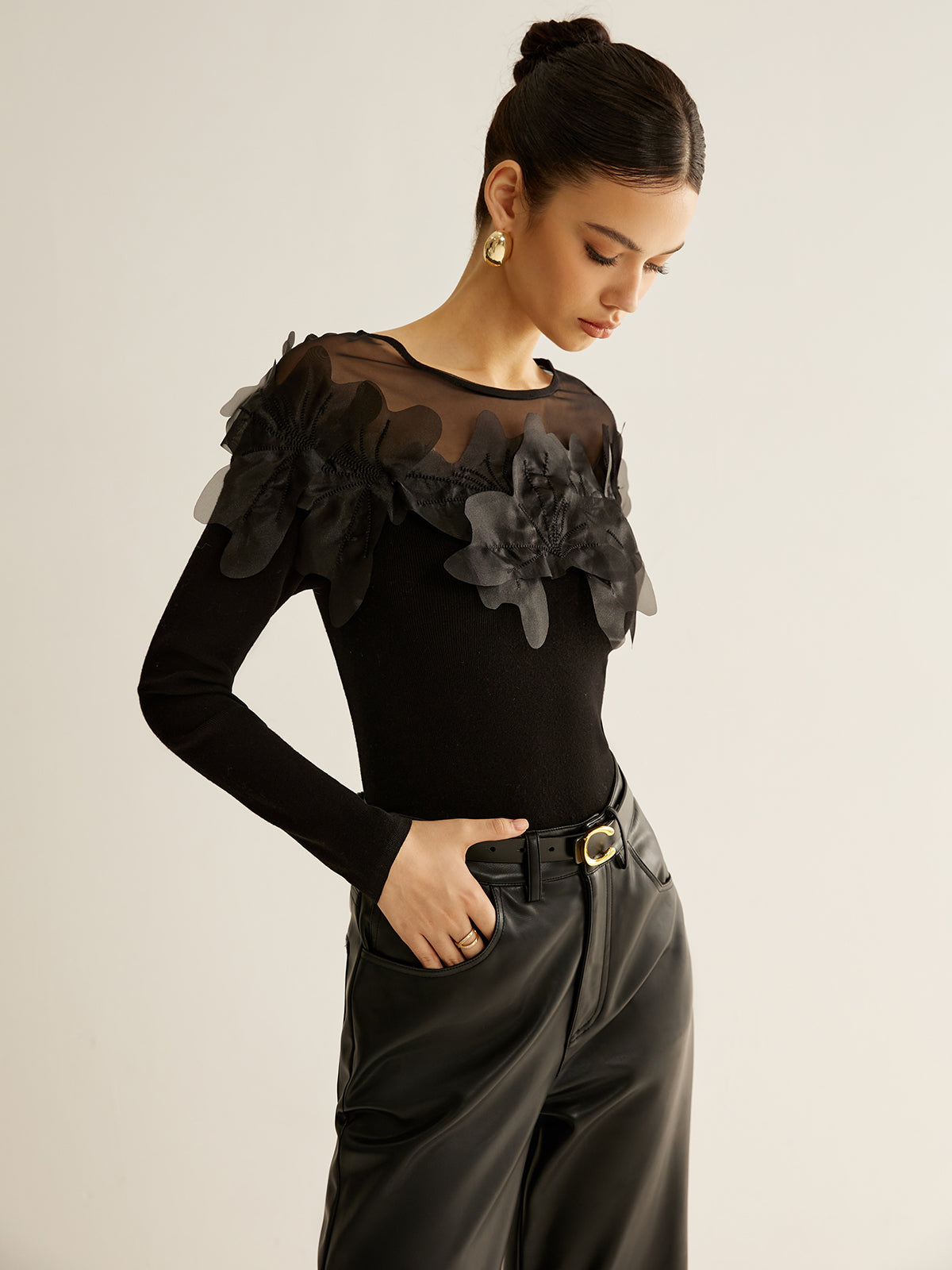 Semi-Sheer Floral Decor Slim Blouse