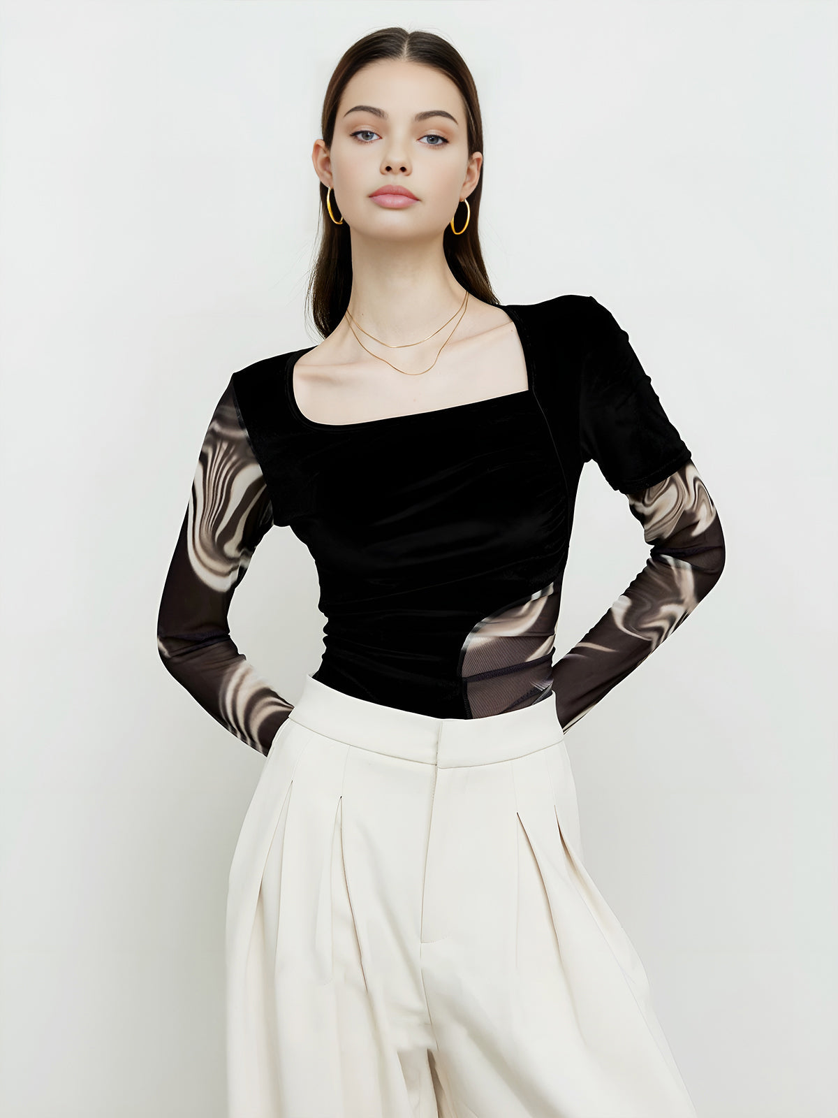 Semi-Sheer Geometric Printed Mesh Jersey Top