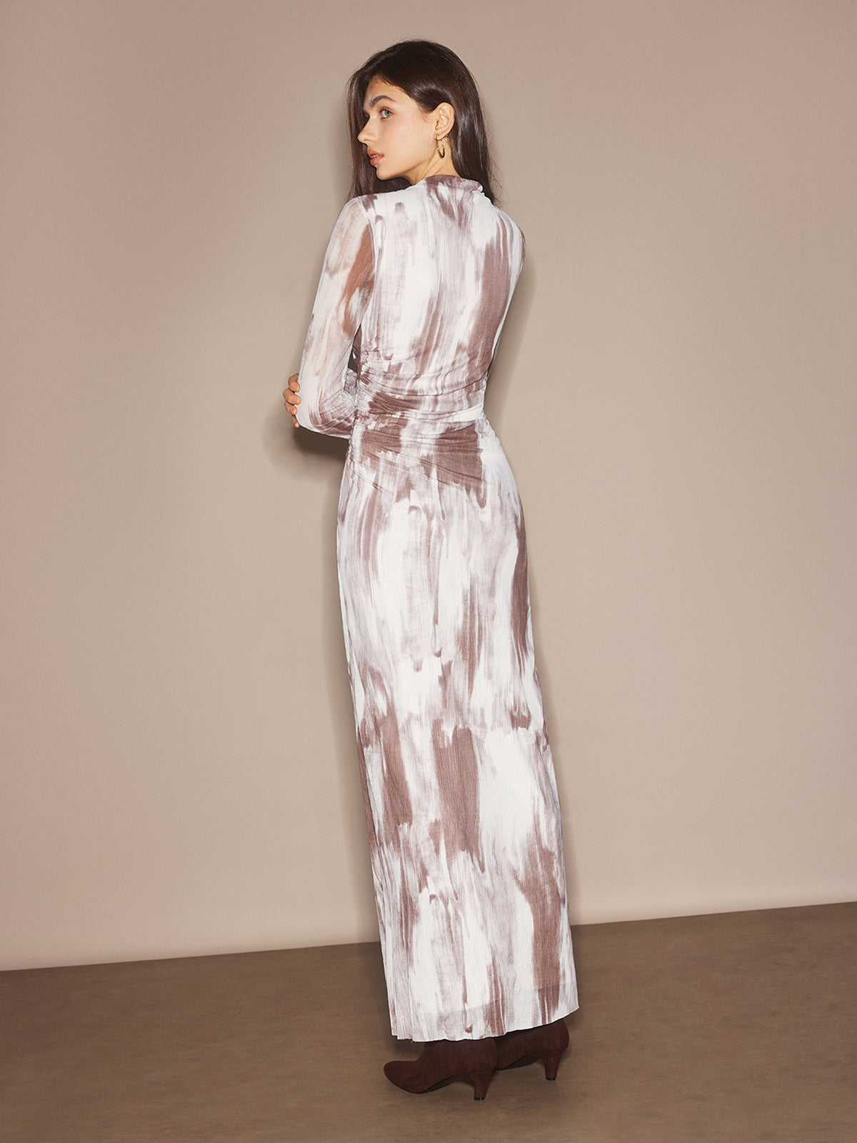 Semi-Sheer Dye Printed Mesh Dress Without Belt