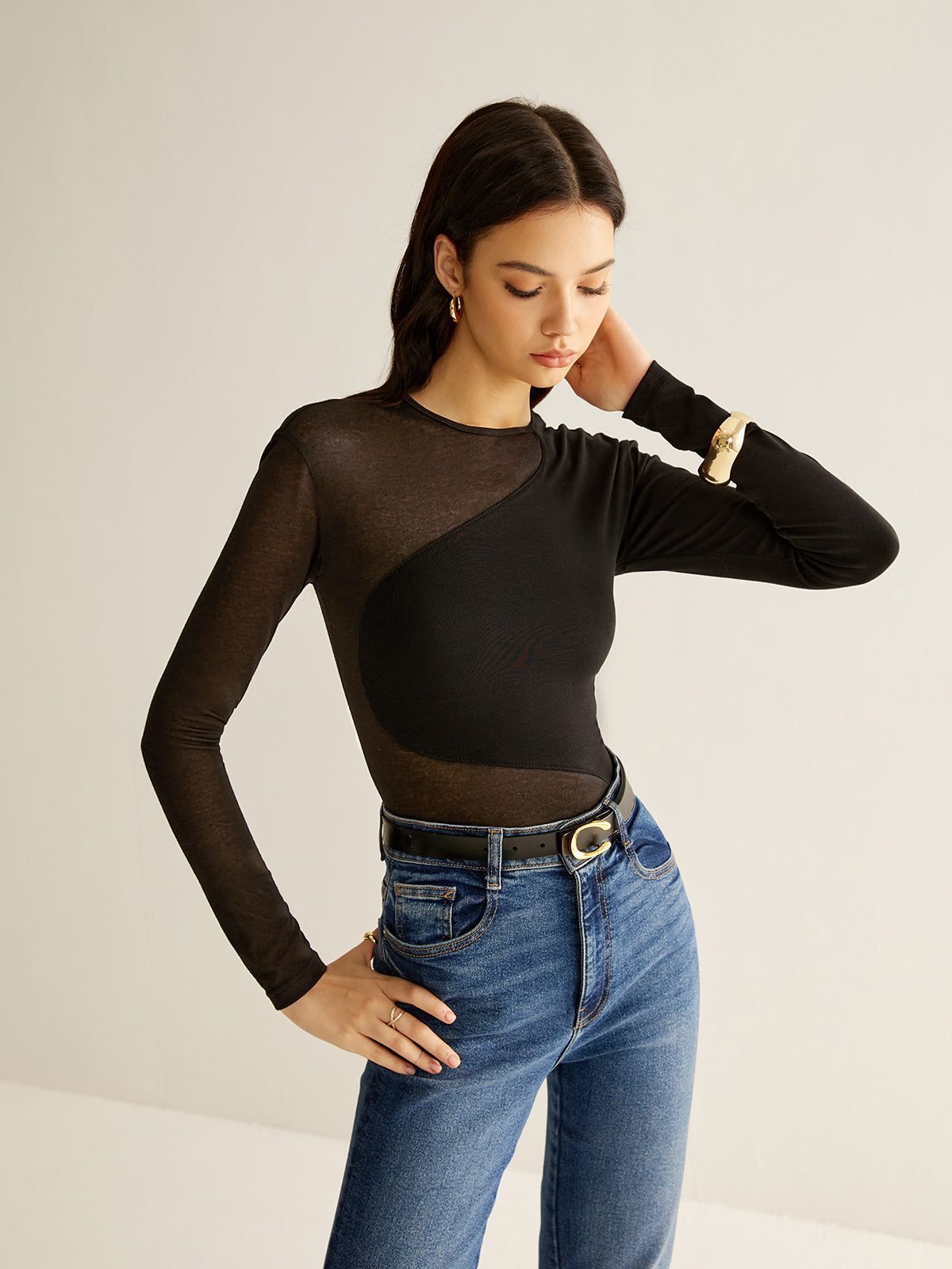 Plain Jersey Sheer Panel T-Shirt
