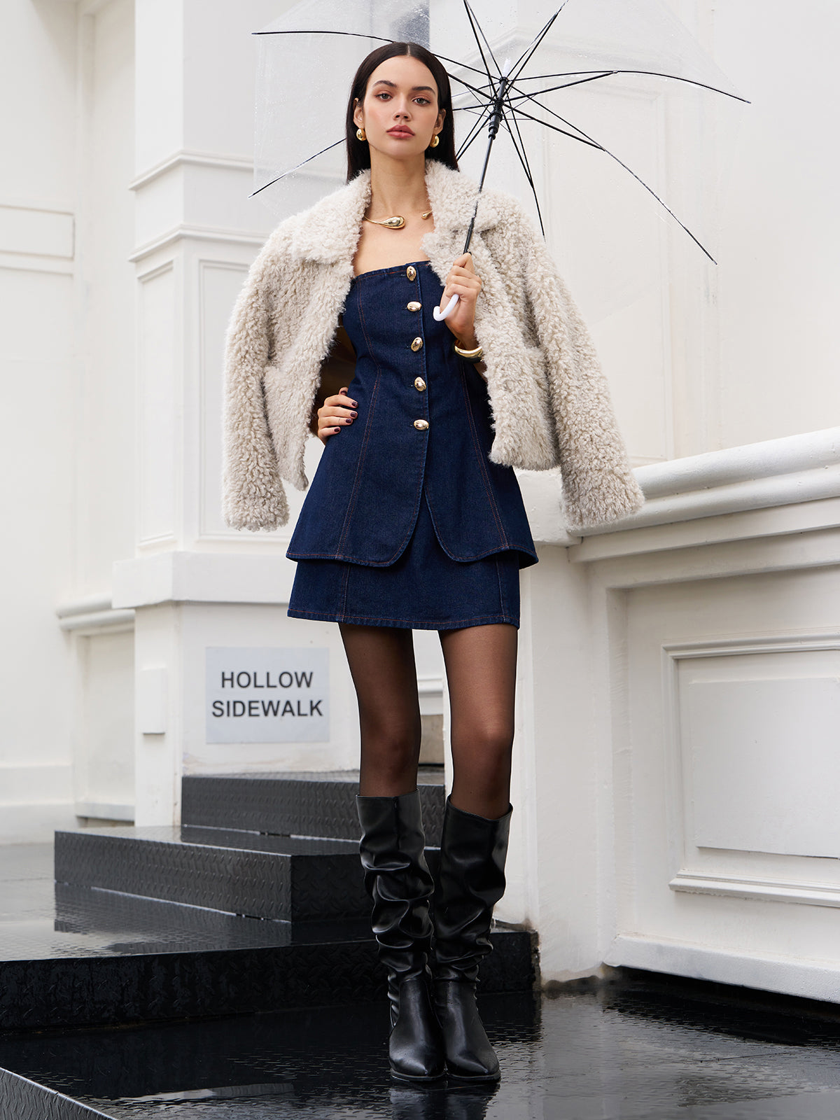 Button Split Denim Tube Top