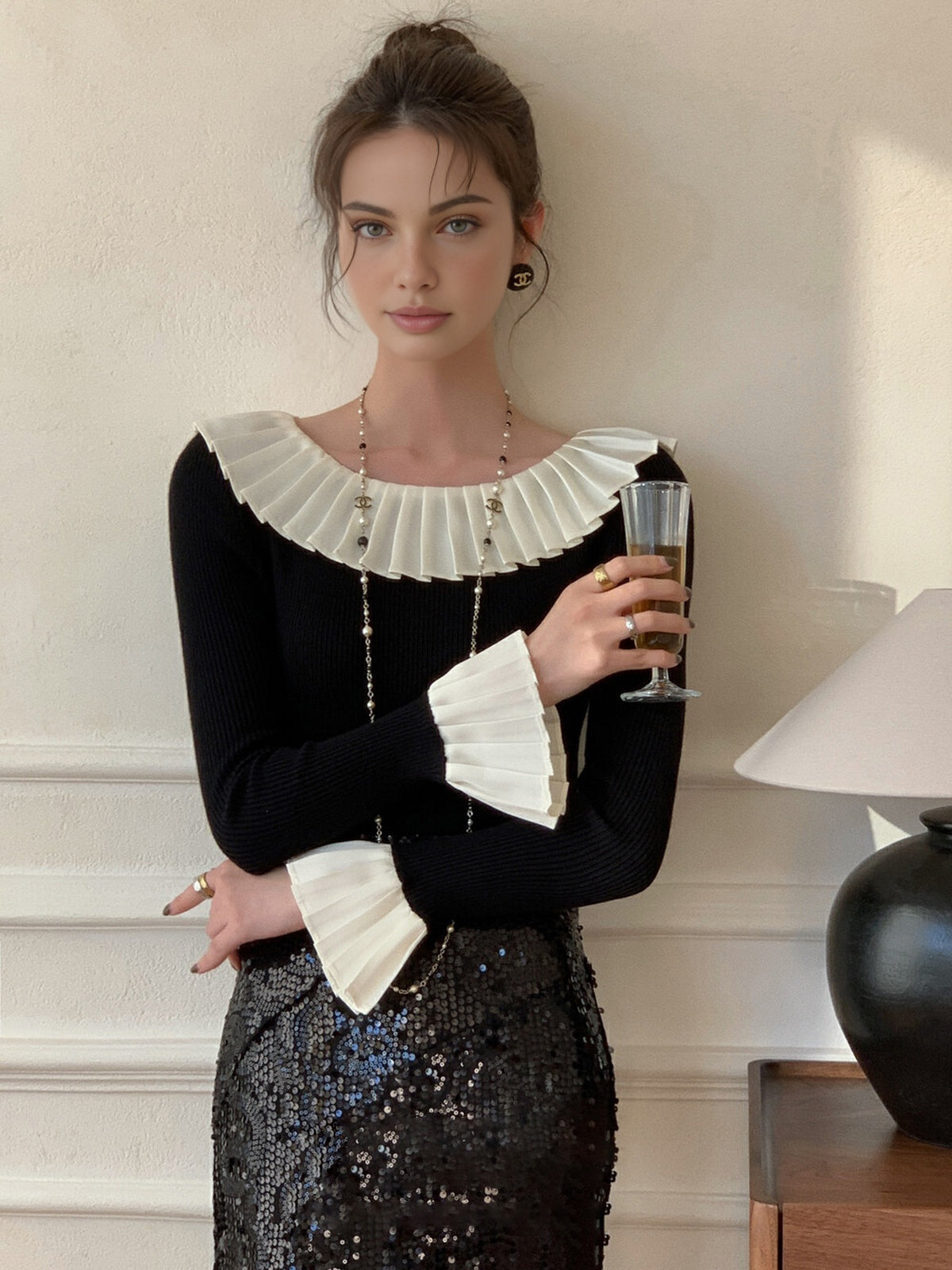 Color Block Pleated Knit Top