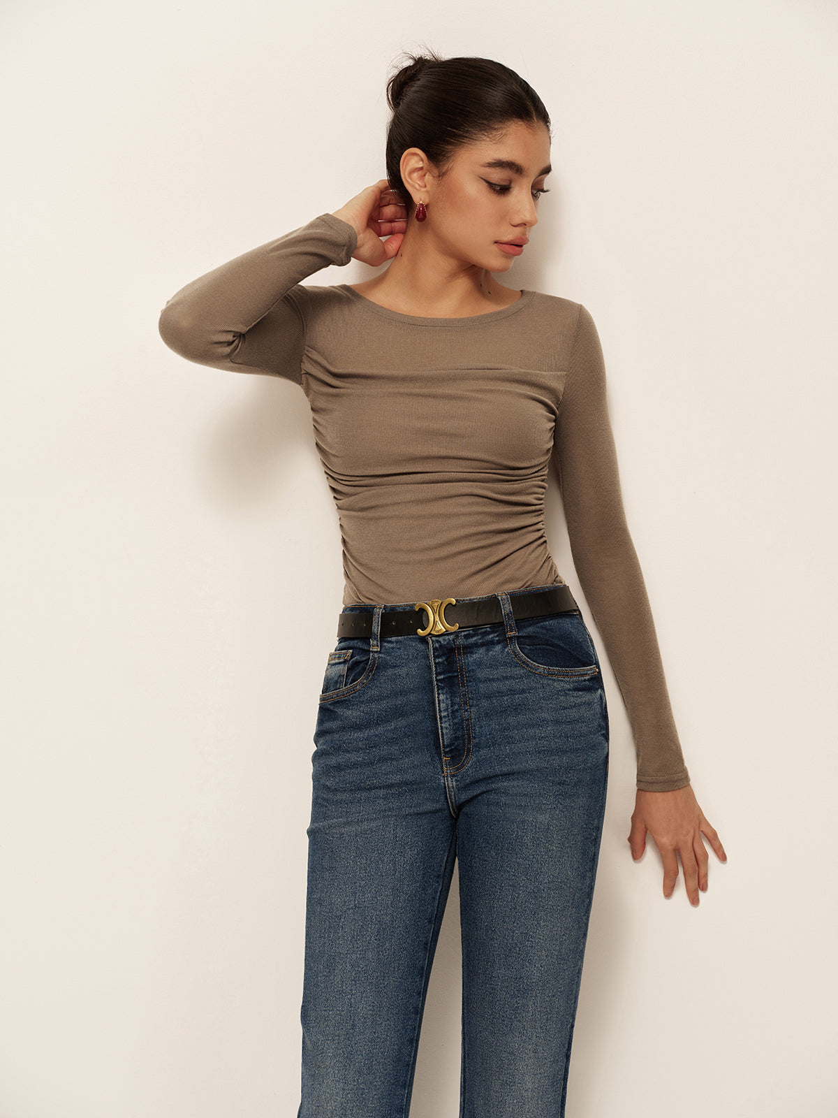Semi-Sheer Long Sleeve Pleated Slim Panel T-Shirt