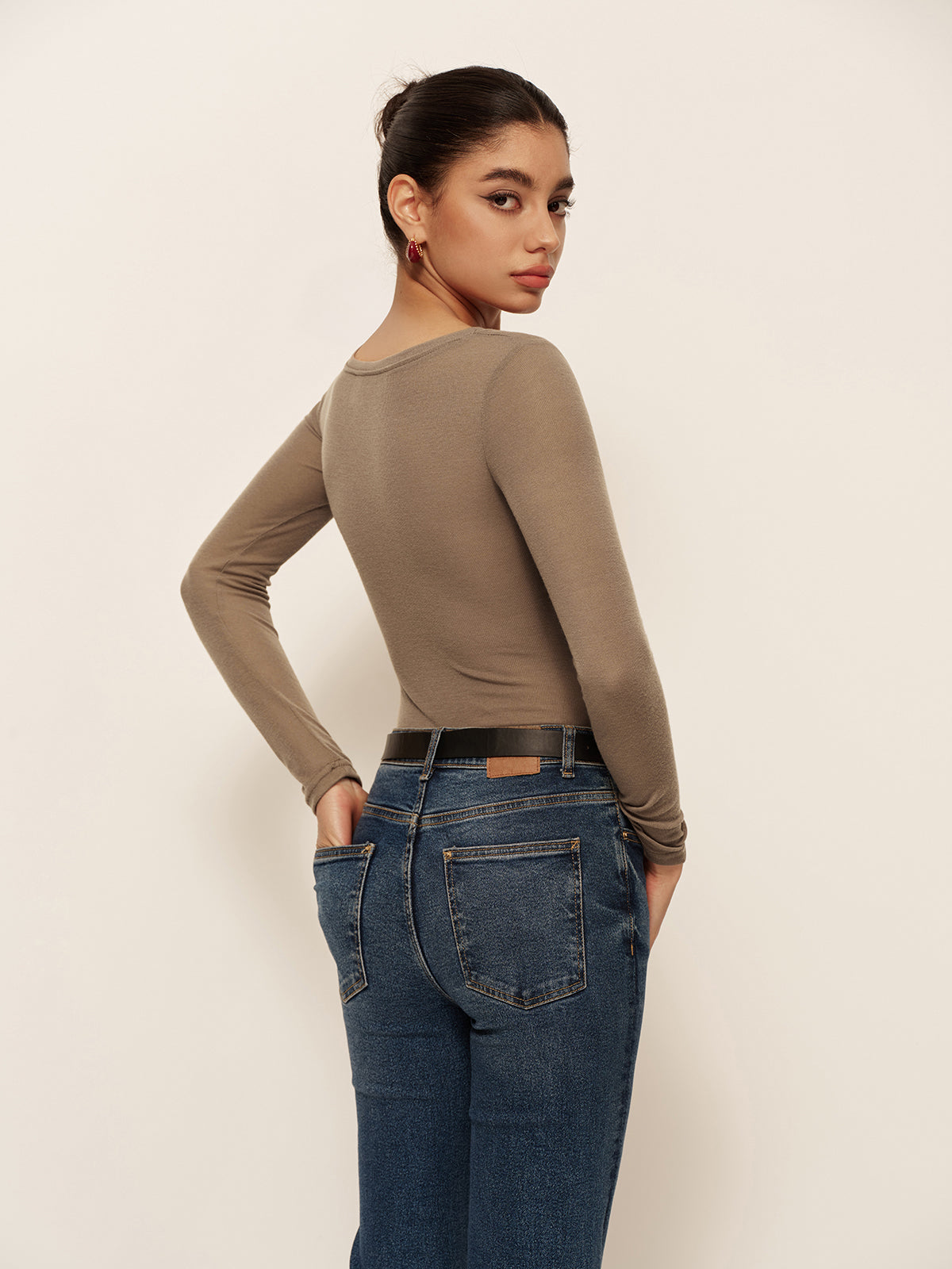 Semi-Sheer Long Sleeve Pleated Slim Panel T-Shirt