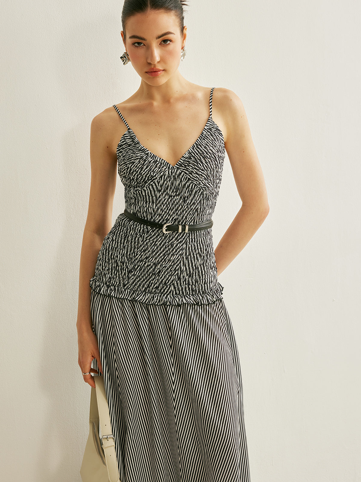 Shirred V-Neck Sleeveless Pleated Dress