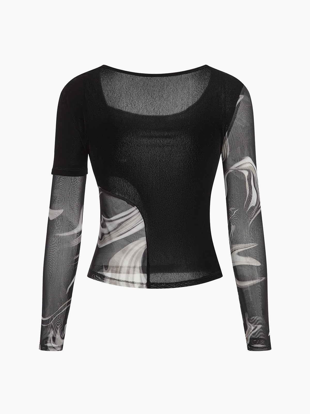 Semi-Sheer Geometric Printed Mesh Jersey Top