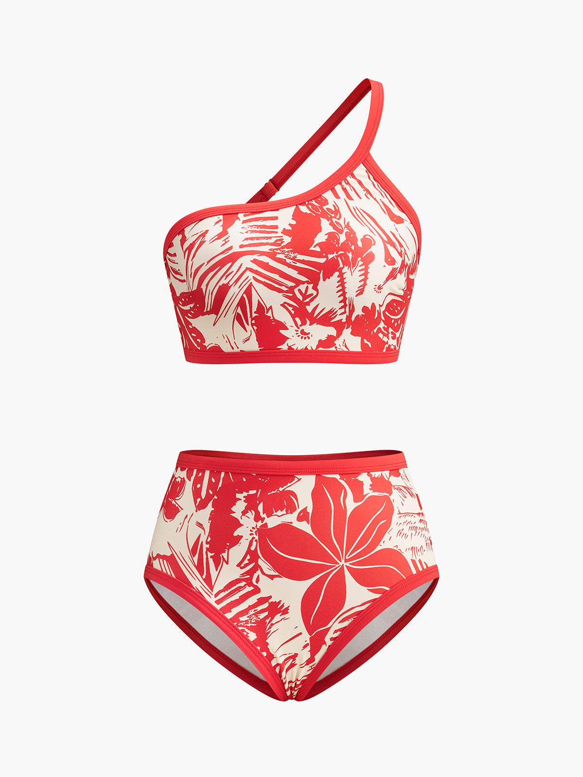 One-Shoulder Tropical Print Bikini Set