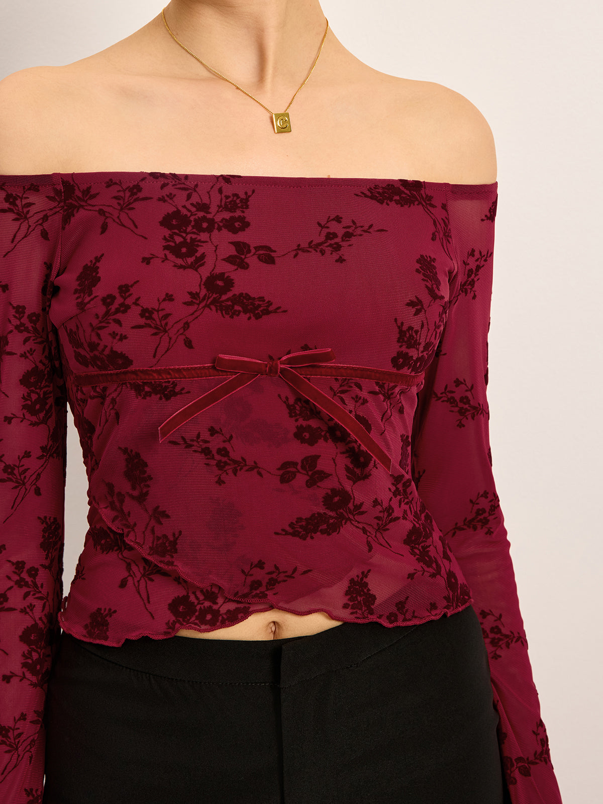 Off-Shoulder Floral Print Semi-Sheer T-Shirt