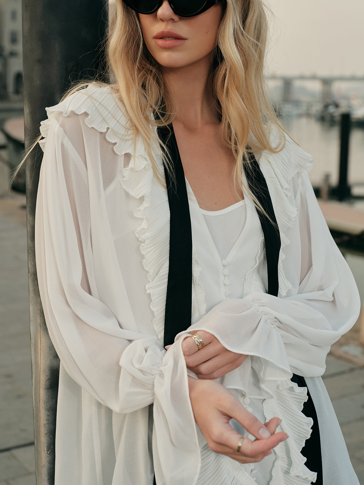 Semi-Sheer Ruffled Detail Blouse With Contrasting Tie