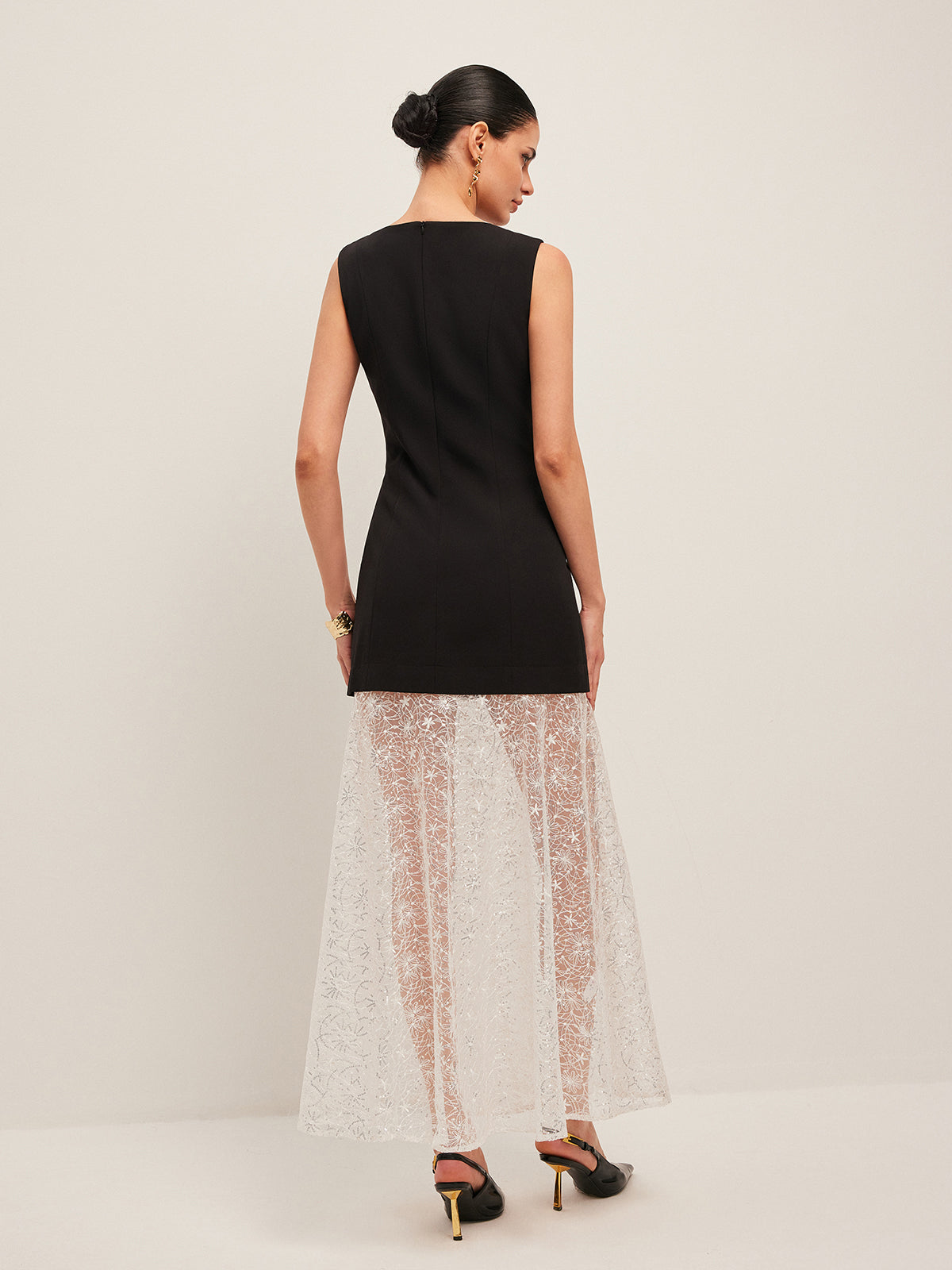 Sheer Lace Panel Sleeveless Dress