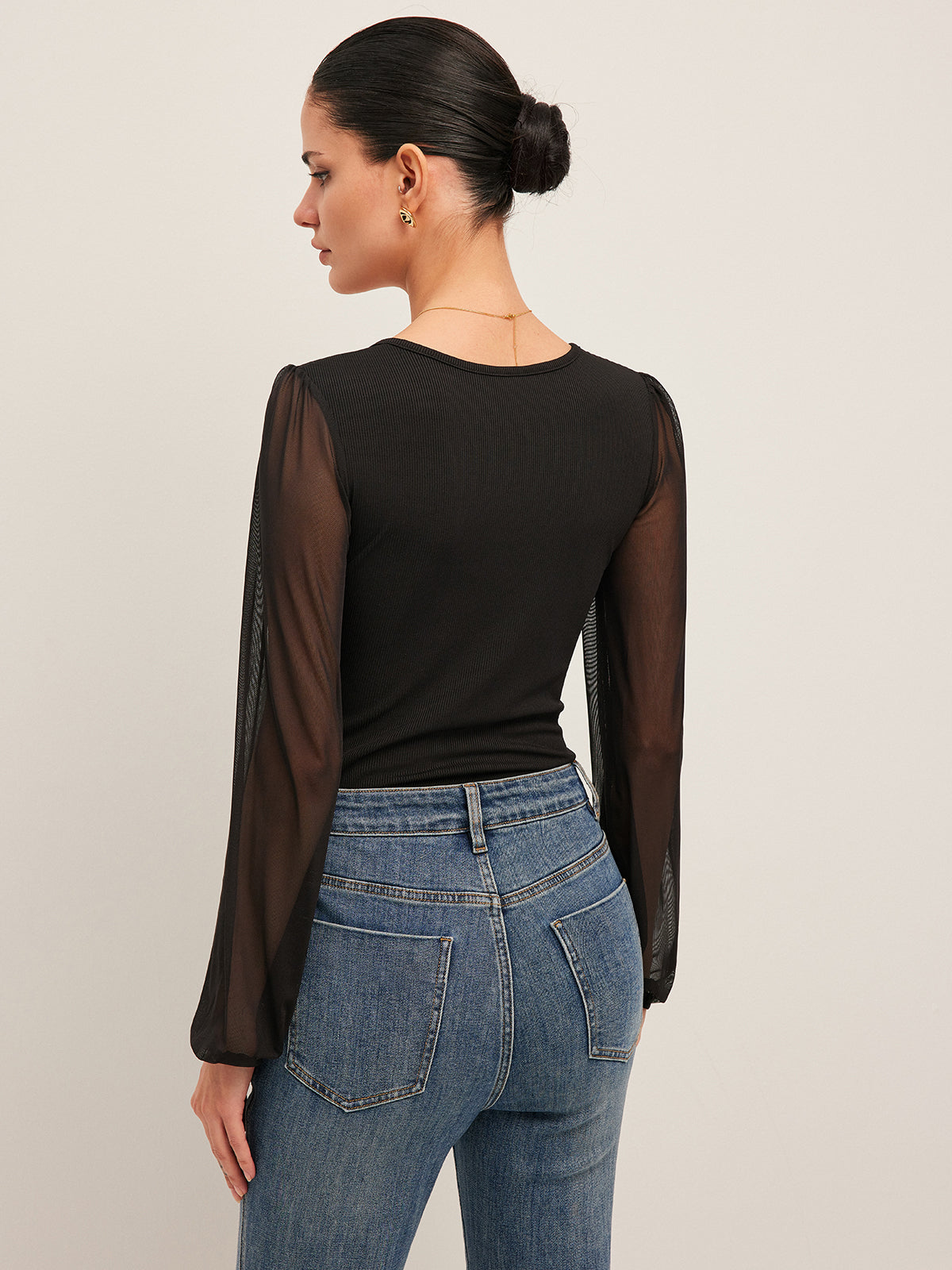 Semi-Sheer Mesh Sleeve Ribbed Bodysuit