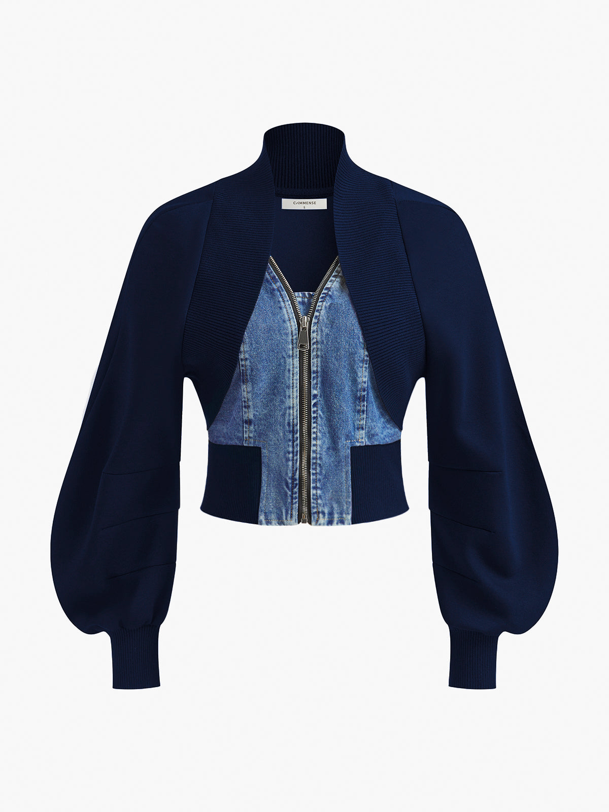 Puff-Sleeve Denim Panel Slim Jacket