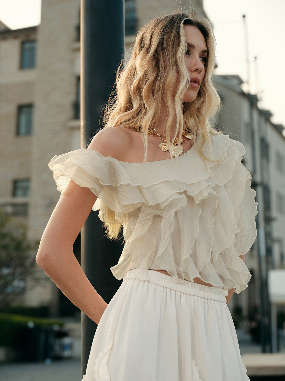 Chiffon One-Shoulder Ruffle Top