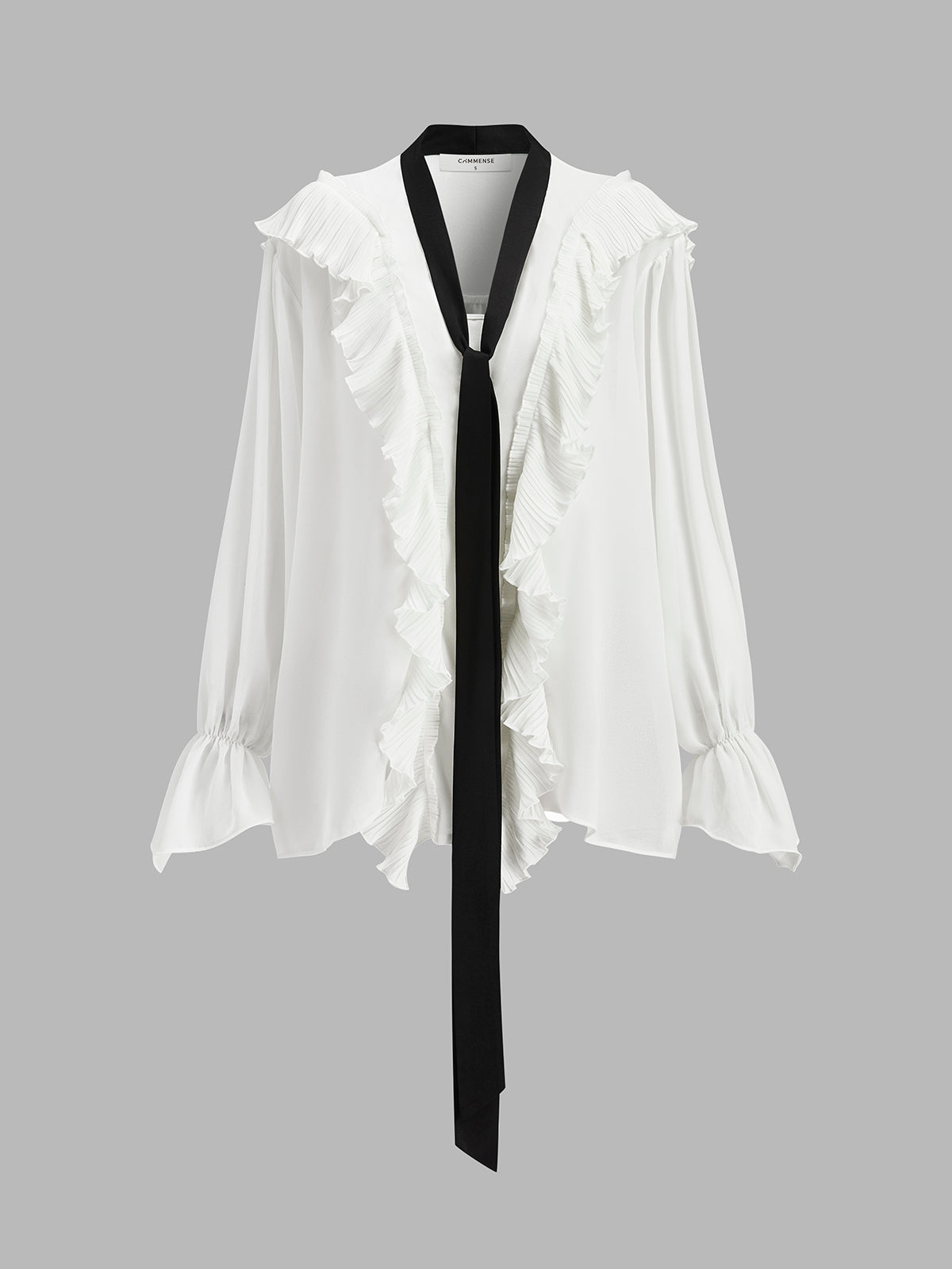 Semi-Sheer Ruffled Detail Blouse With Contrasting Tie