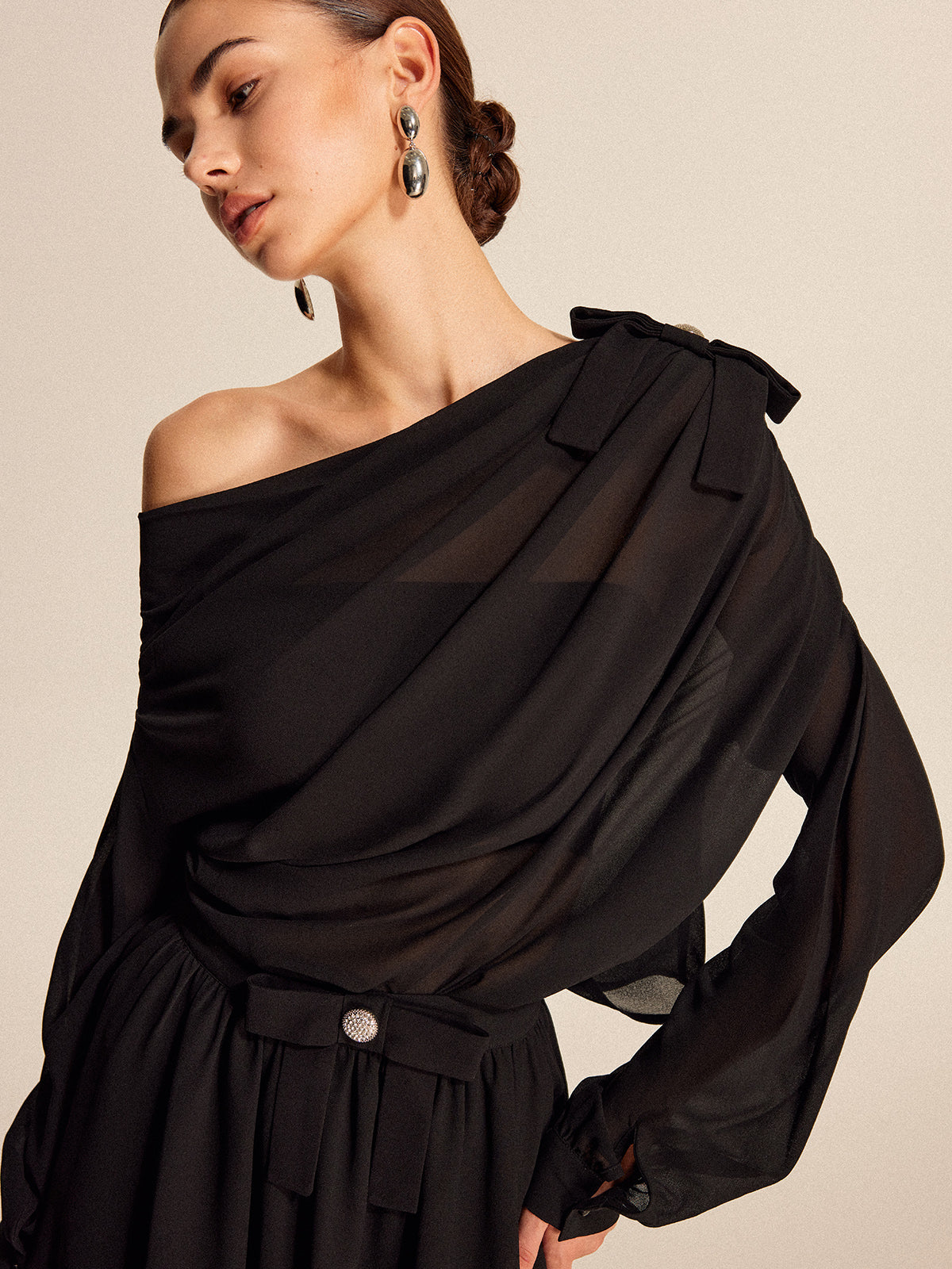 Semi-Sheer Chiffon One-Shoulder Bow Detail Skirt Set