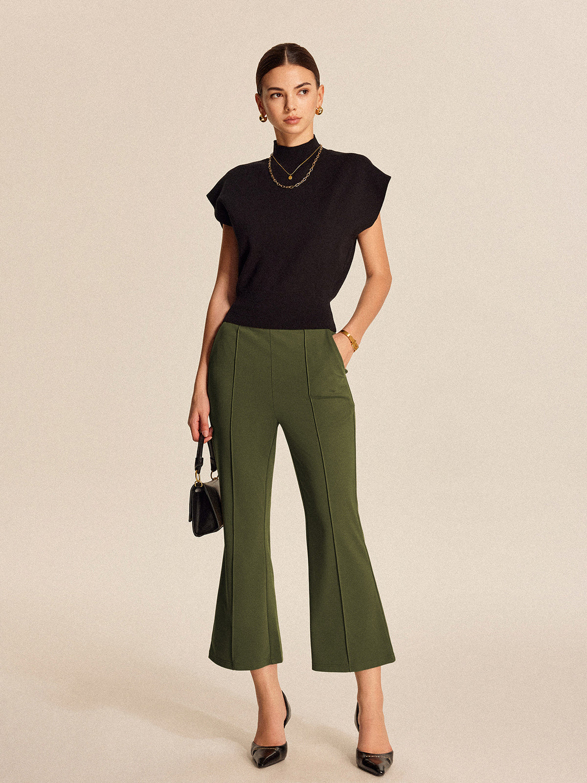 High-Waist Pocket Flared Cropped Pants