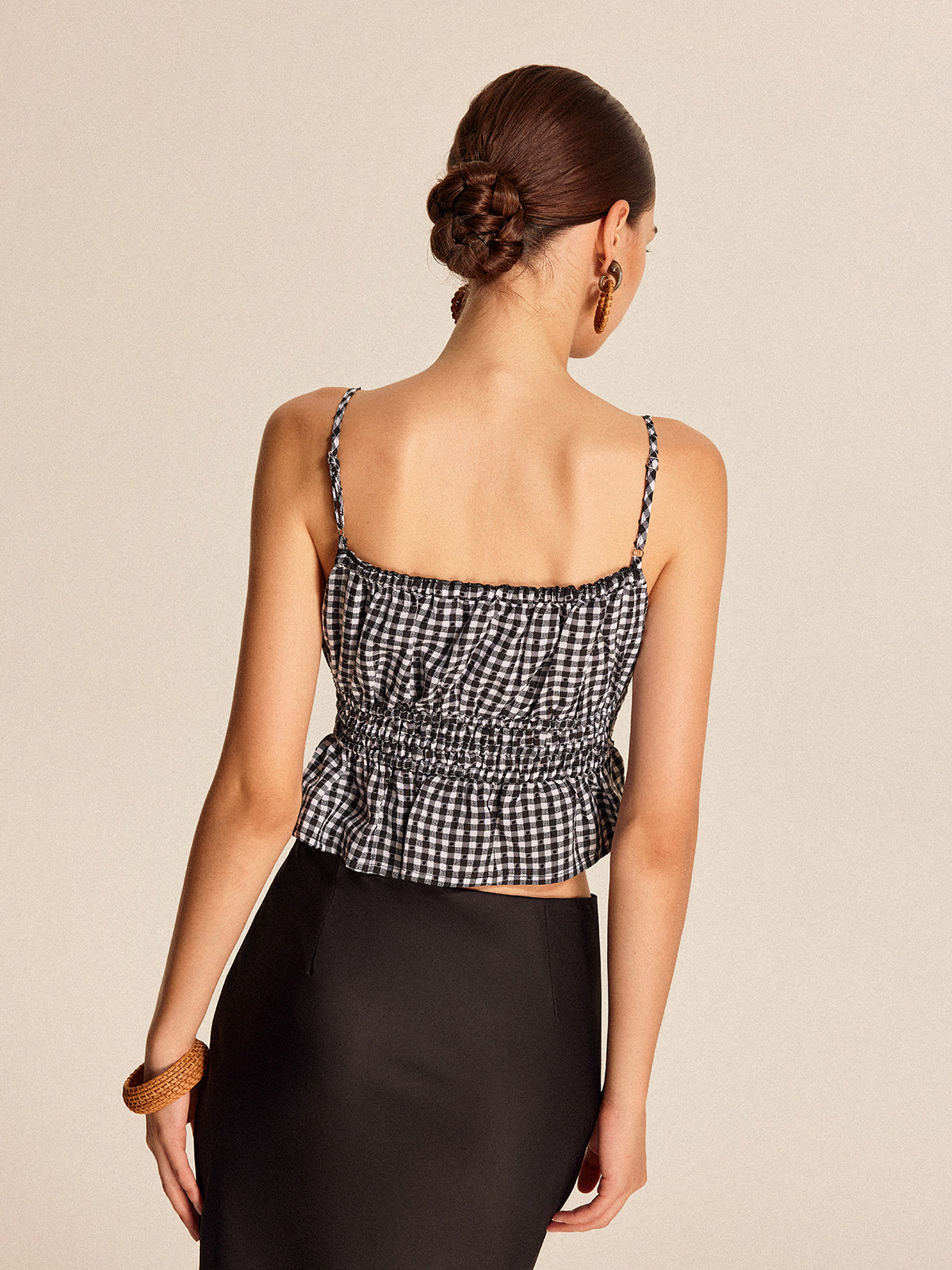 Smocked Peplum Gingham Cami Top