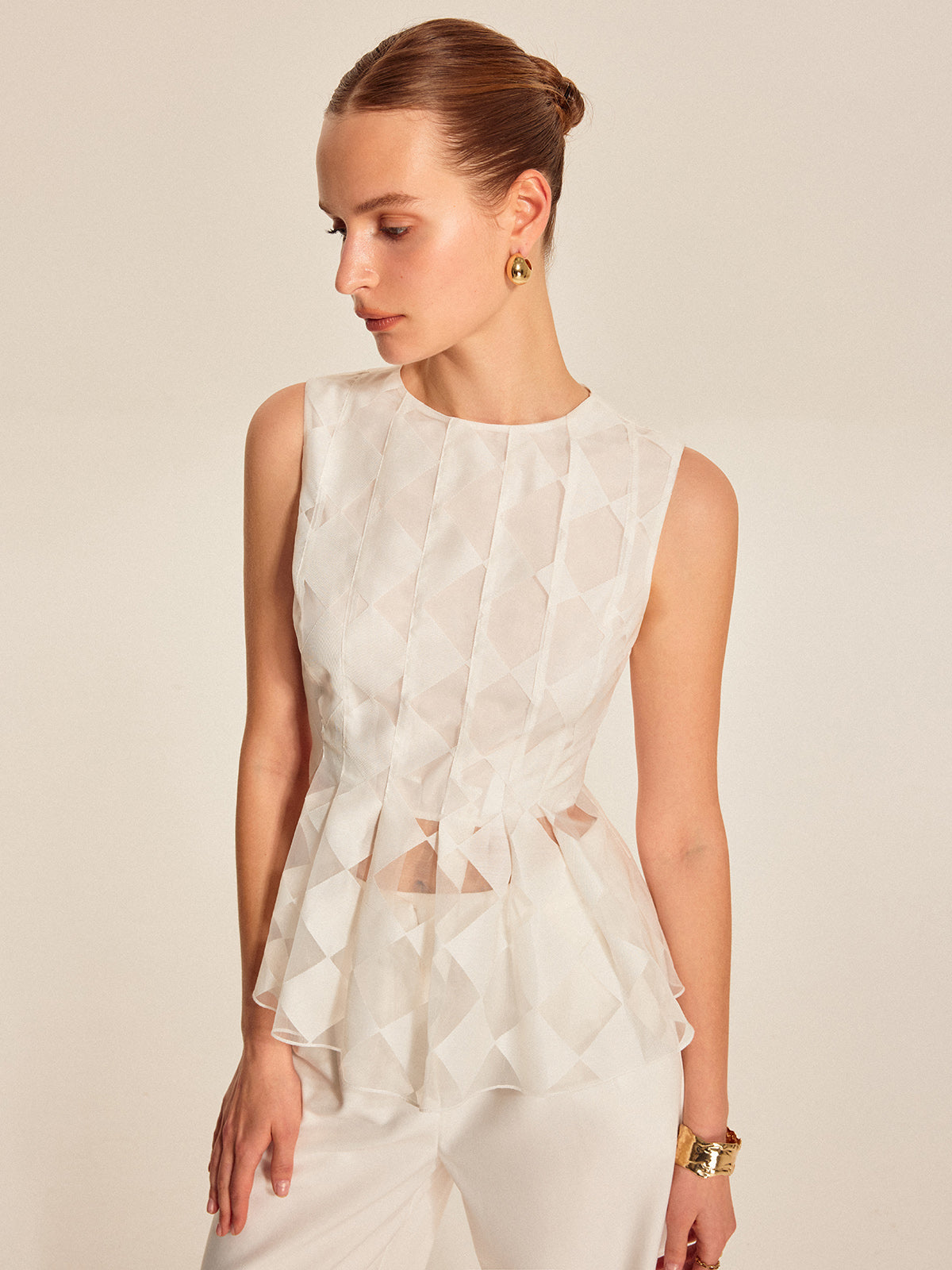 Semi-Sheer Geometric Peplum Top