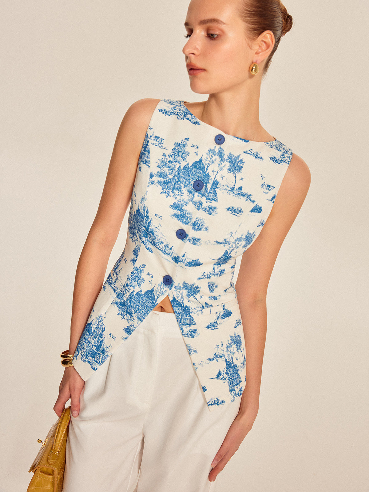 Printed Sleeveless Split Hem Vest