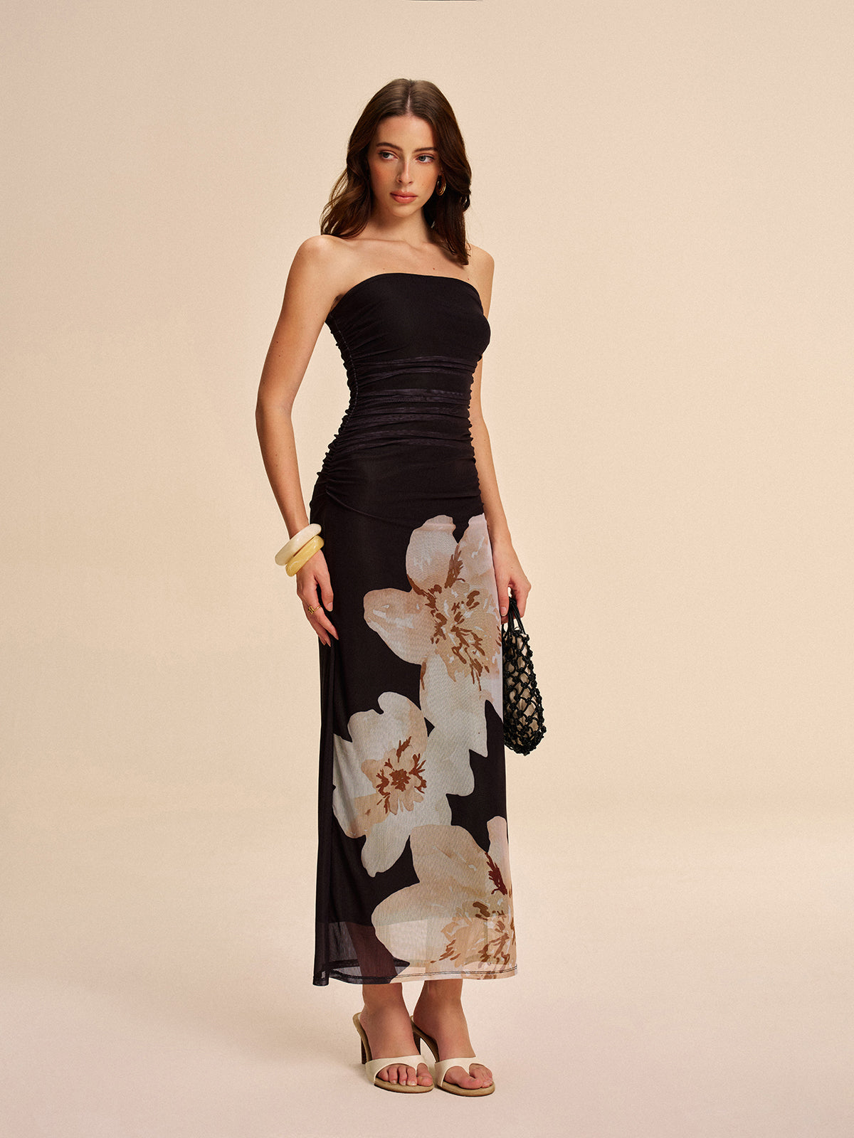 Semi-Sheer Strapless Ruched Floral Mesh Dress