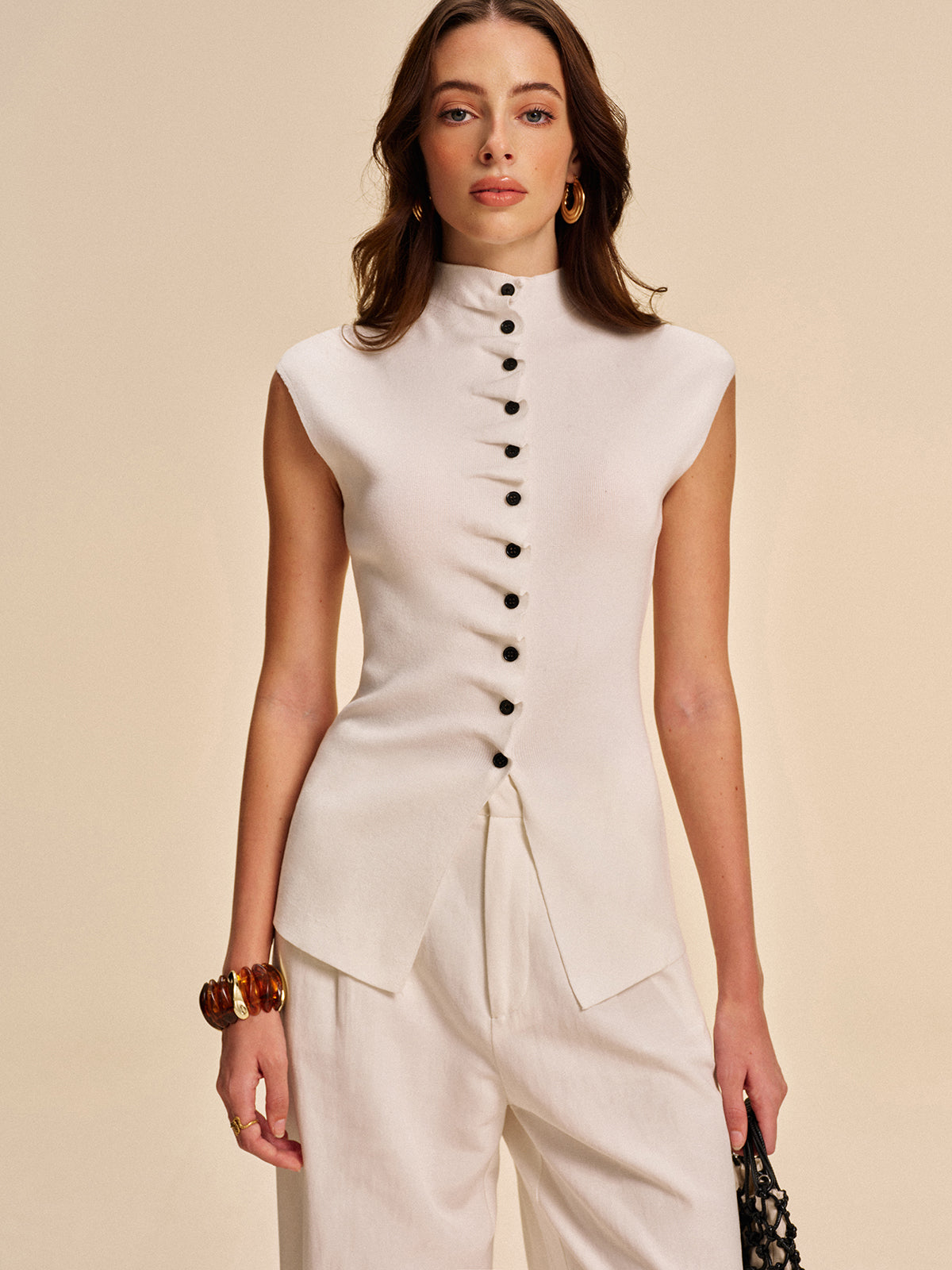 Button-Front Sleeveless Cardigan