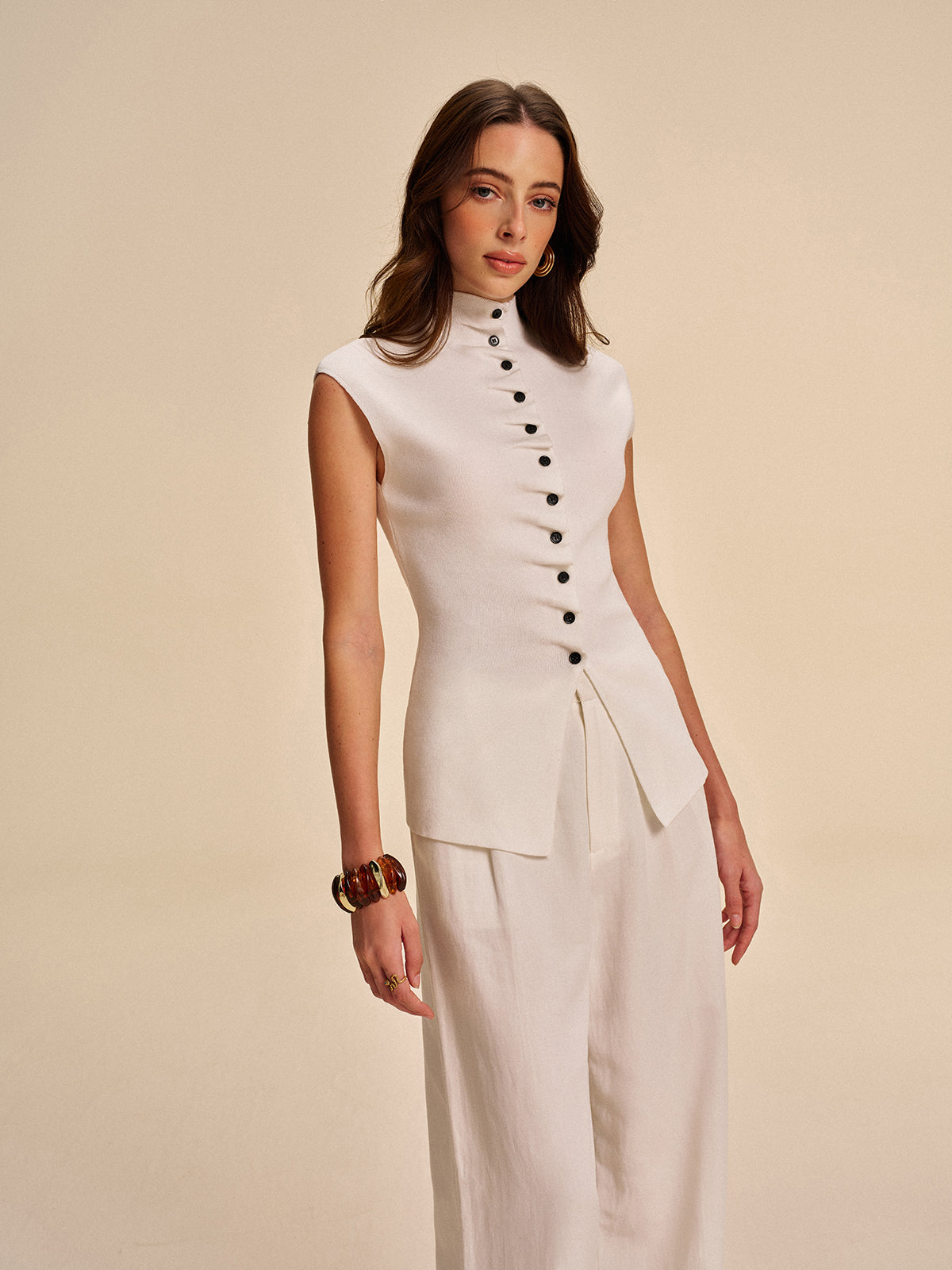 Button-Front Sleeveless Cardigan