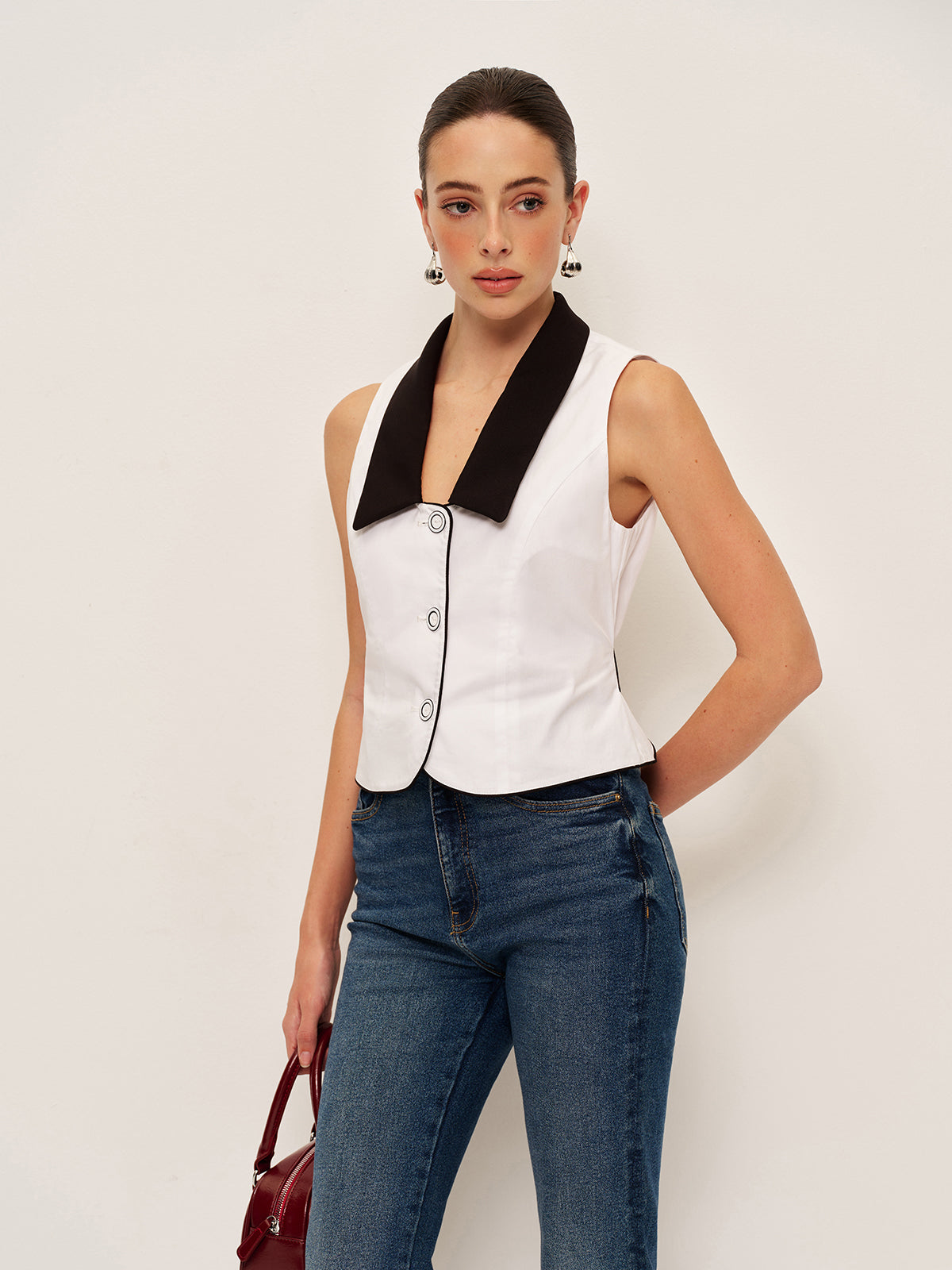 Contrast Collar Button-Up Vest With Back Bow