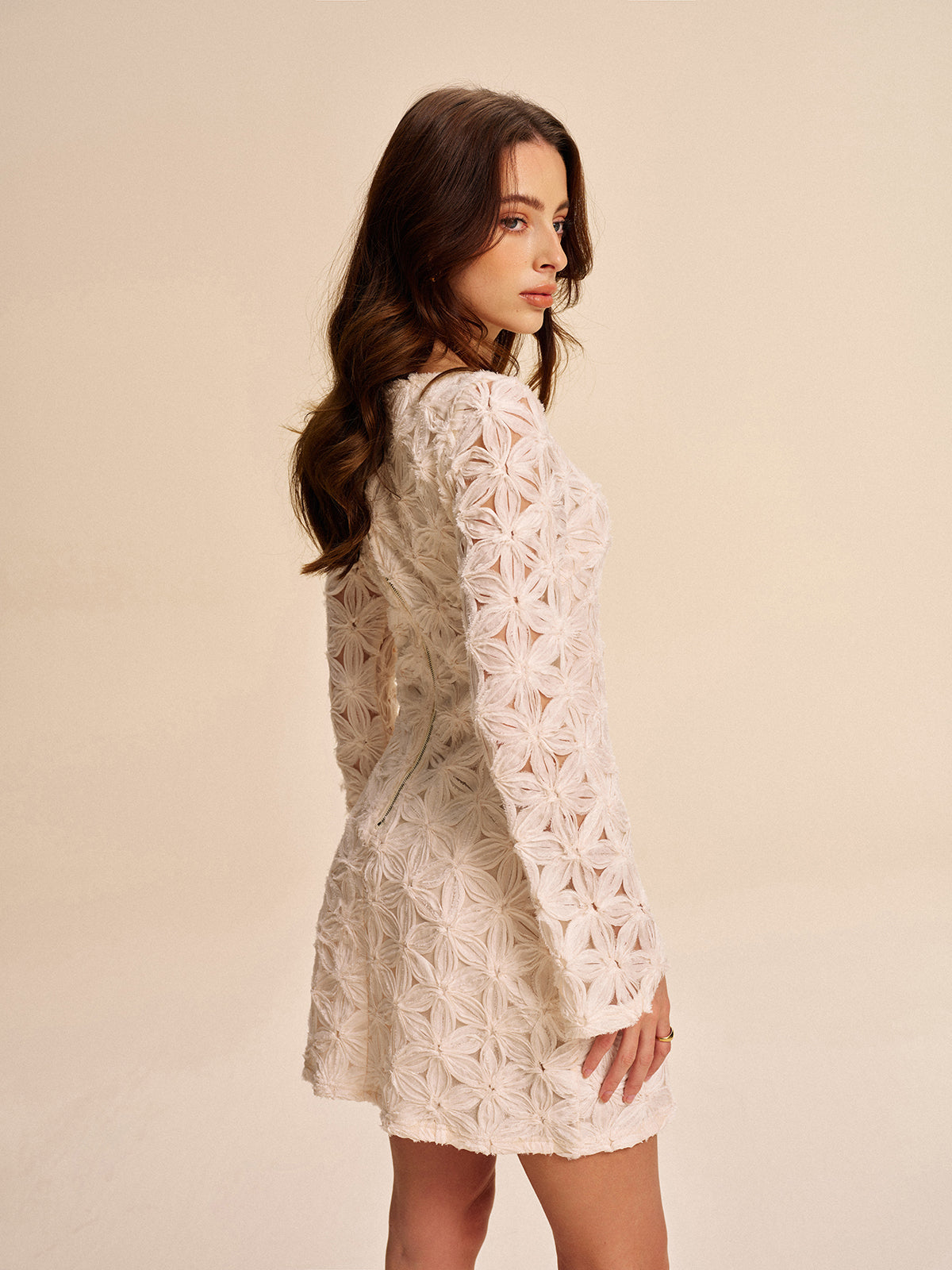 Semi-Sheer Floral Lace Long Sleeve Dress