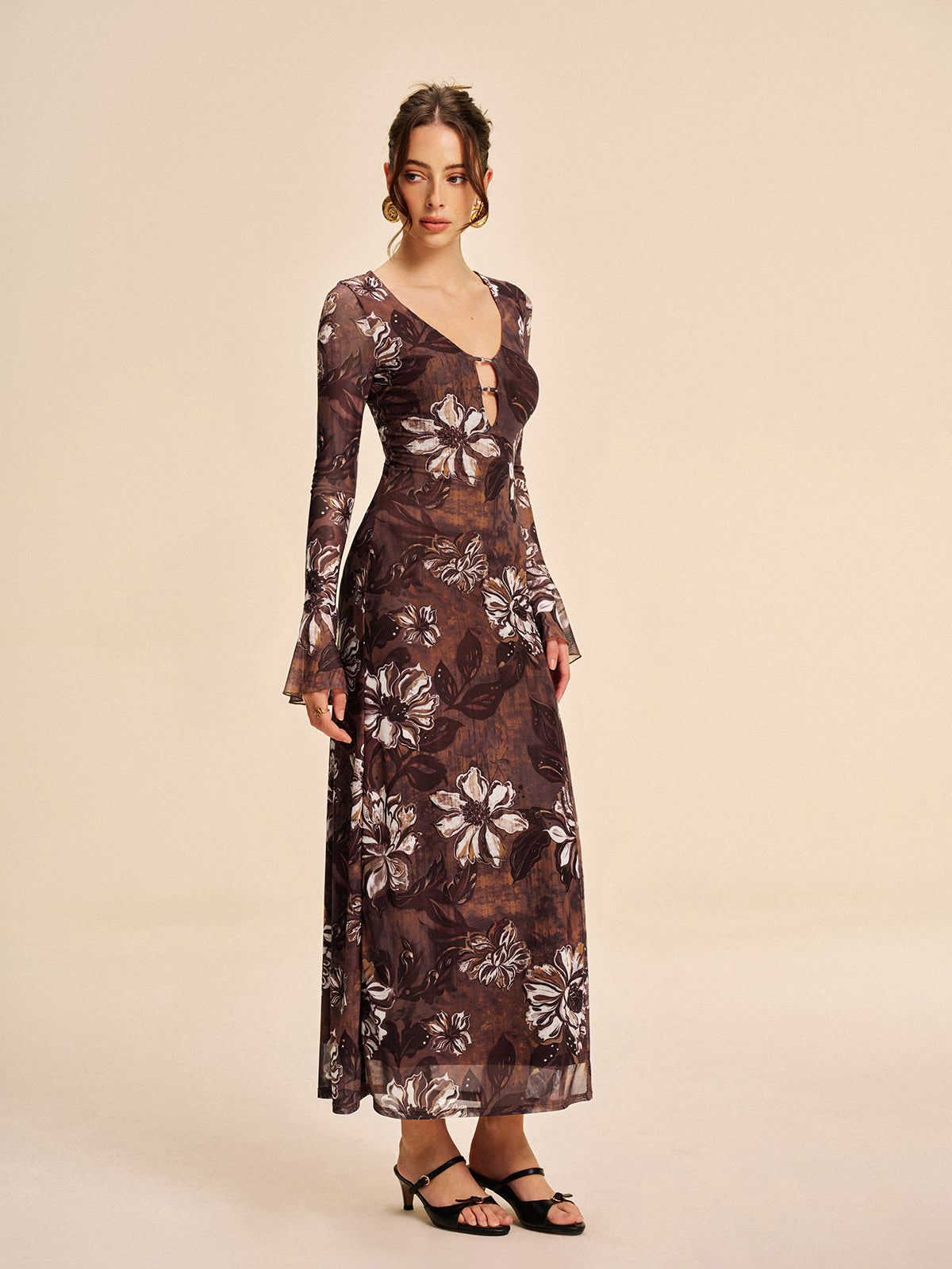 Semi-Sheer Mesh Floral Cutout Slit Dress