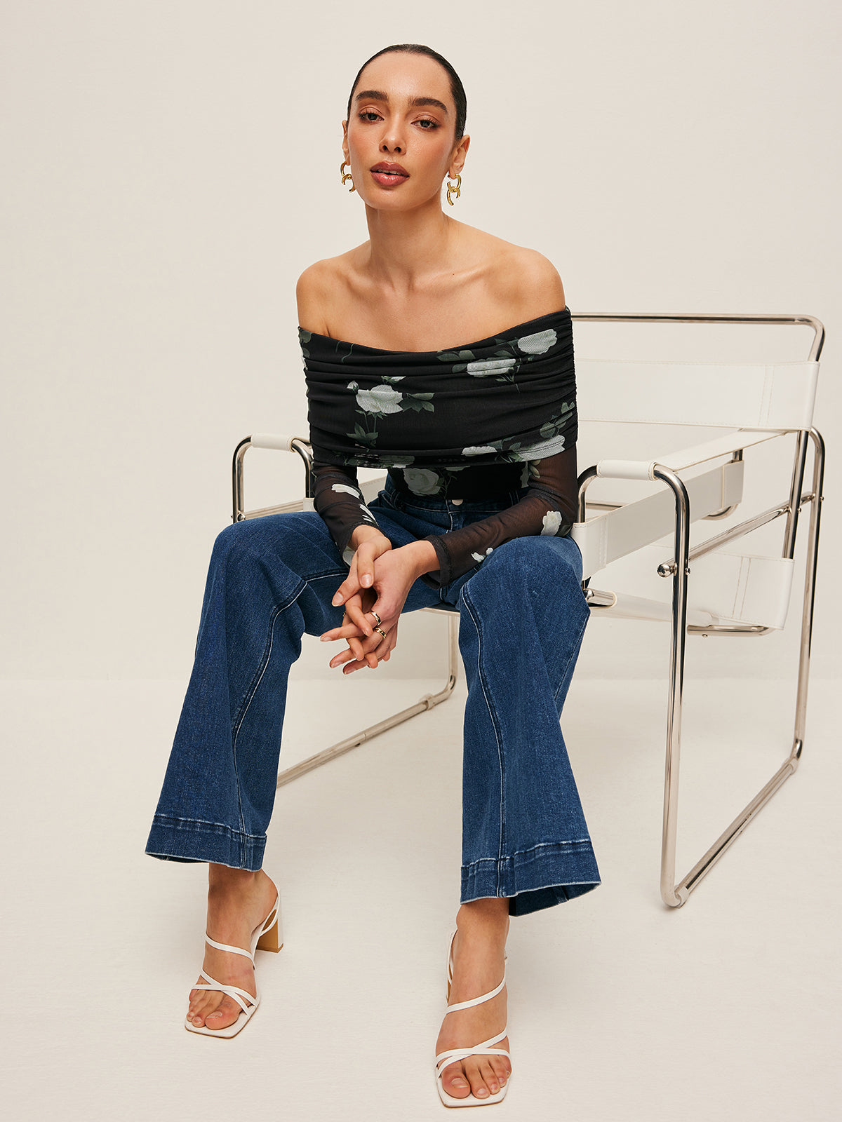 Semi-Sheer Floral Off-Shoulder Mesh Sleeve Top