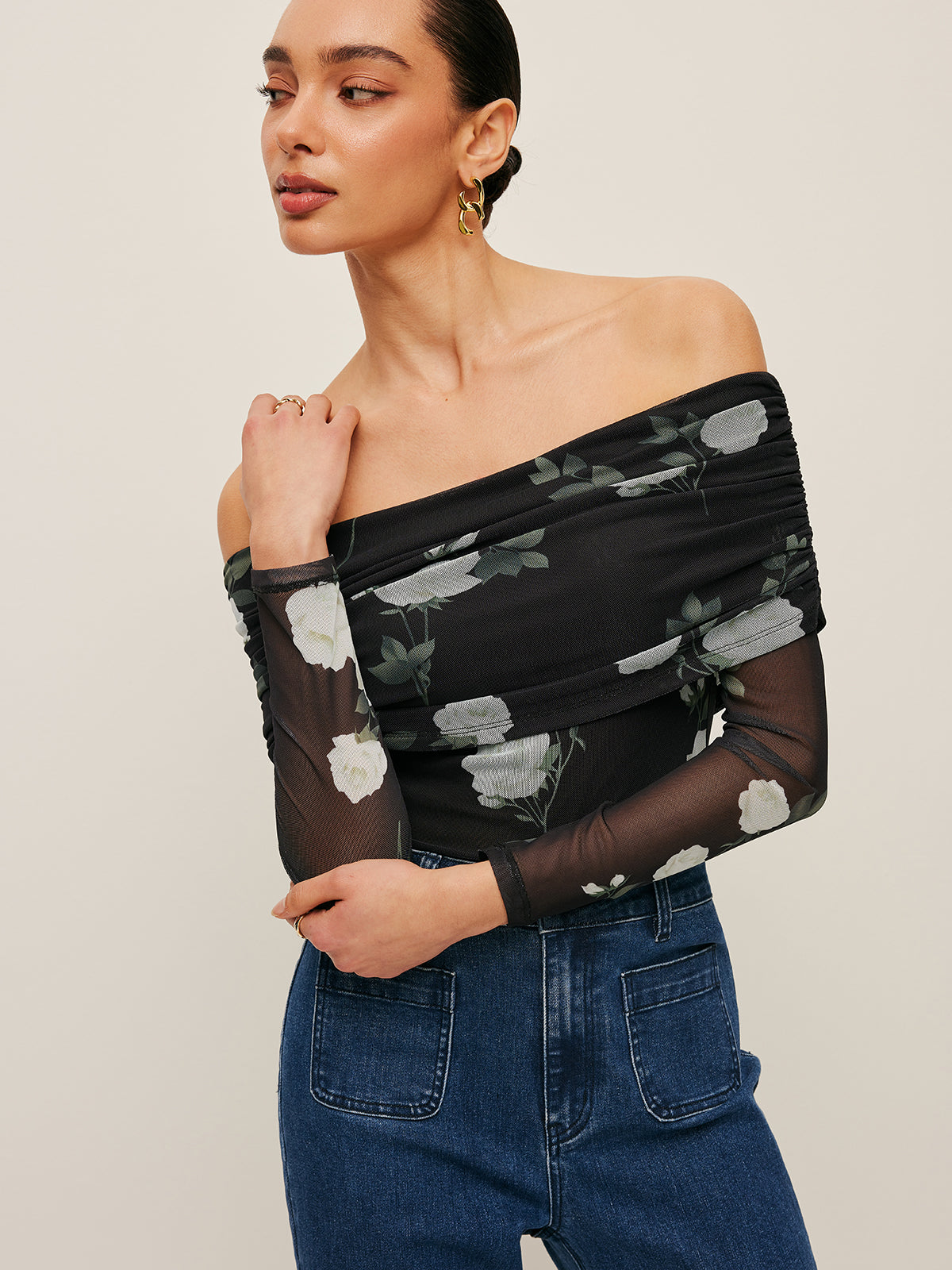 Semi-Sheer Floral Off-Shoulder Mesh Sleeve Top
