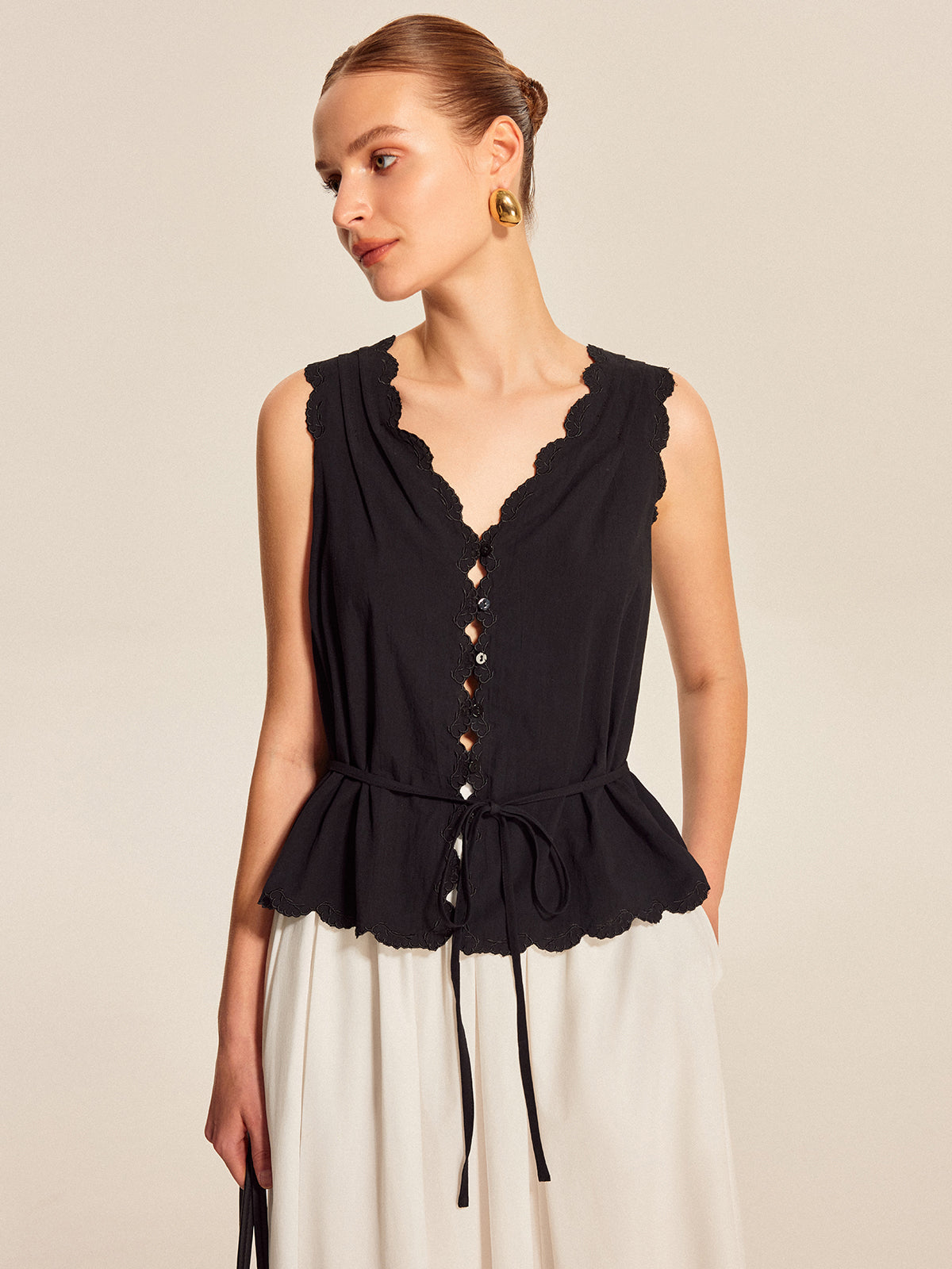 Lace-Trim Scalloped Button-Up Top