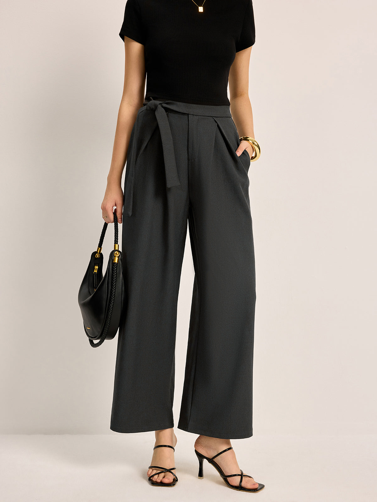 Mid-Waist Tie Belt Pants With Pockets