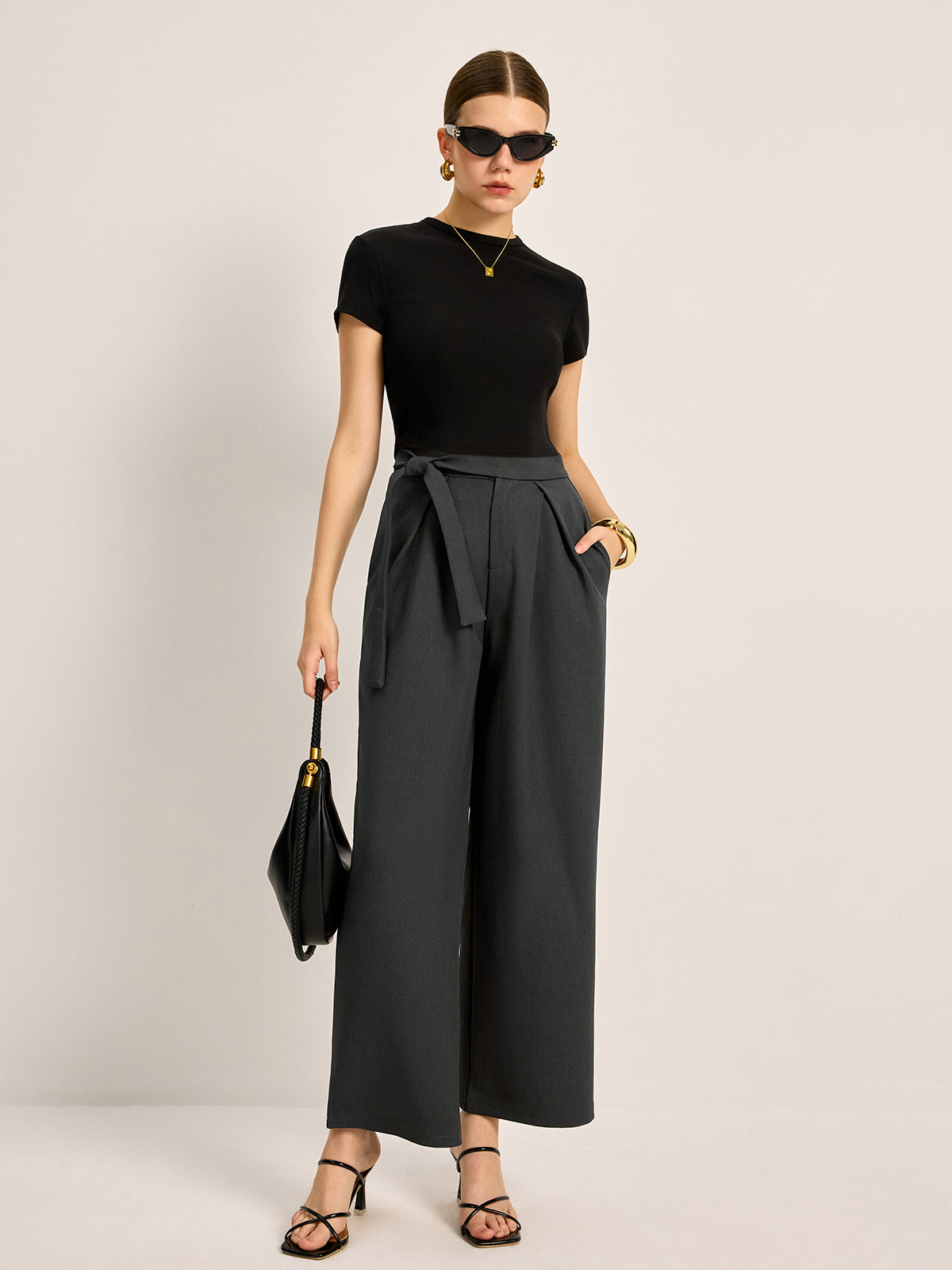 Mid-Waist Tie Belt Pants With Pockets