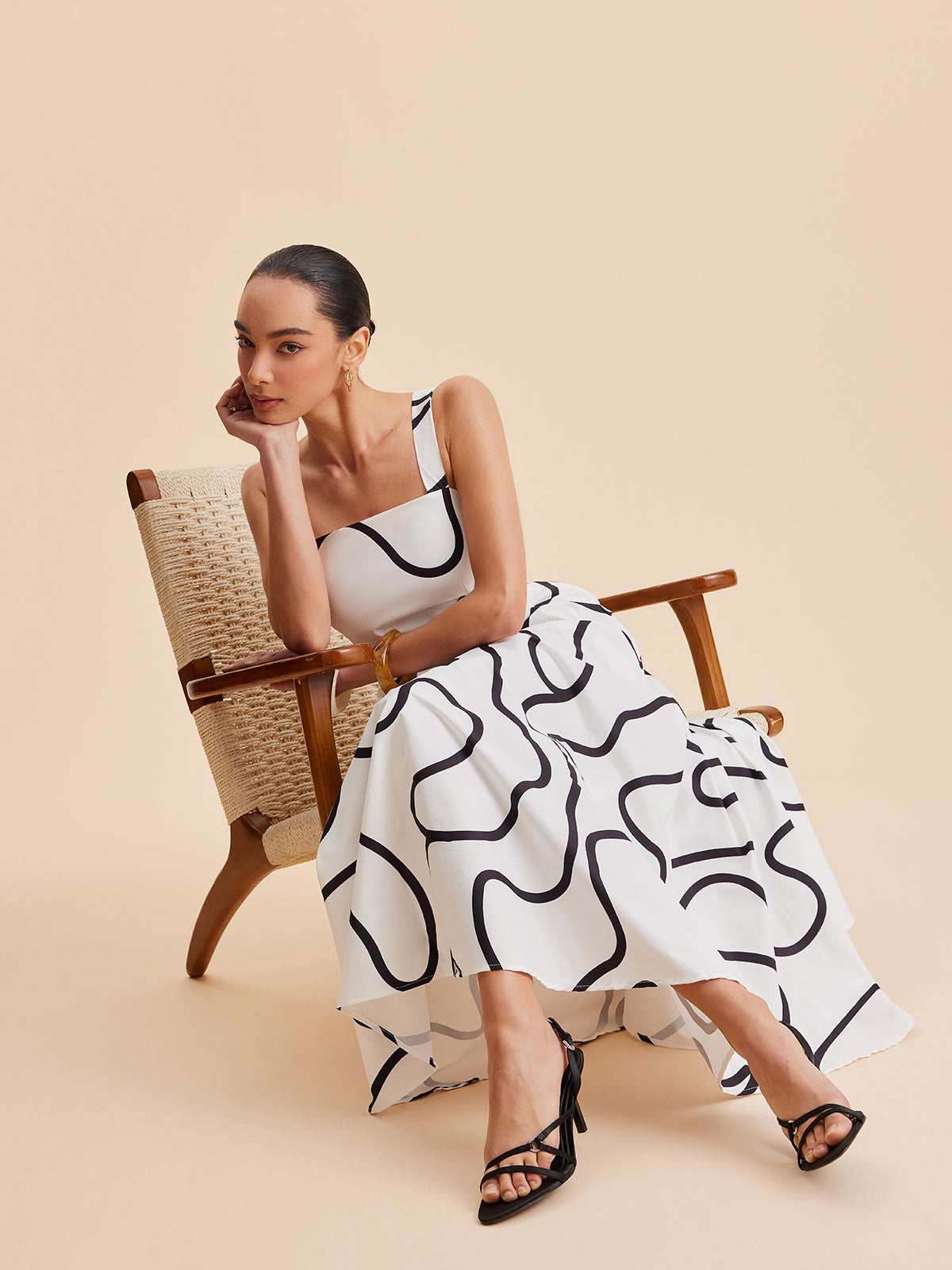 Abstract Line Print Square Strap Dress