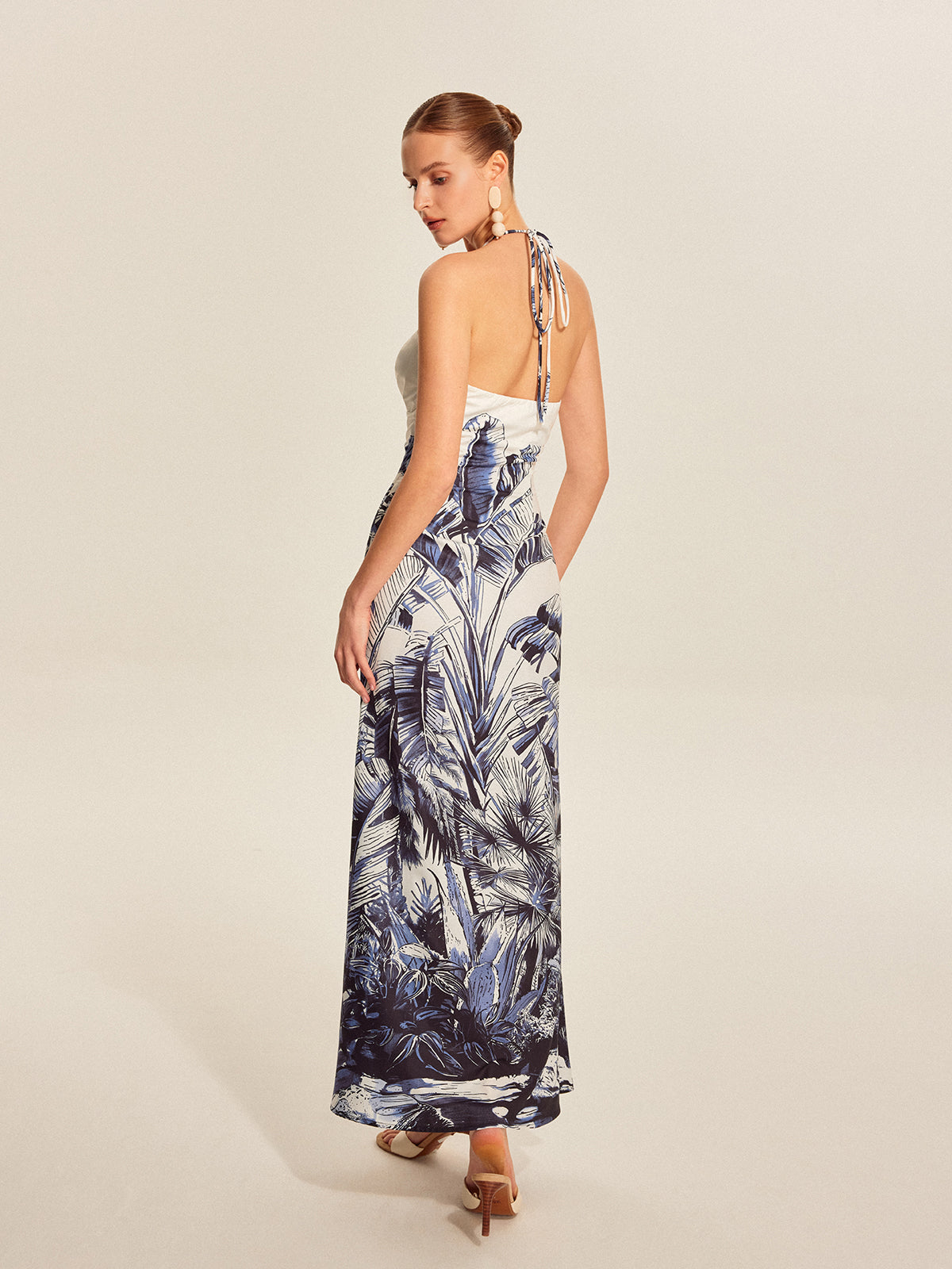 Print Tie Halter Strapless Dress