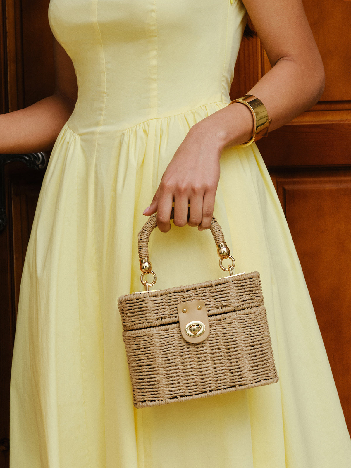 Woven Rattan Box Bag With Turn-Lock Closure